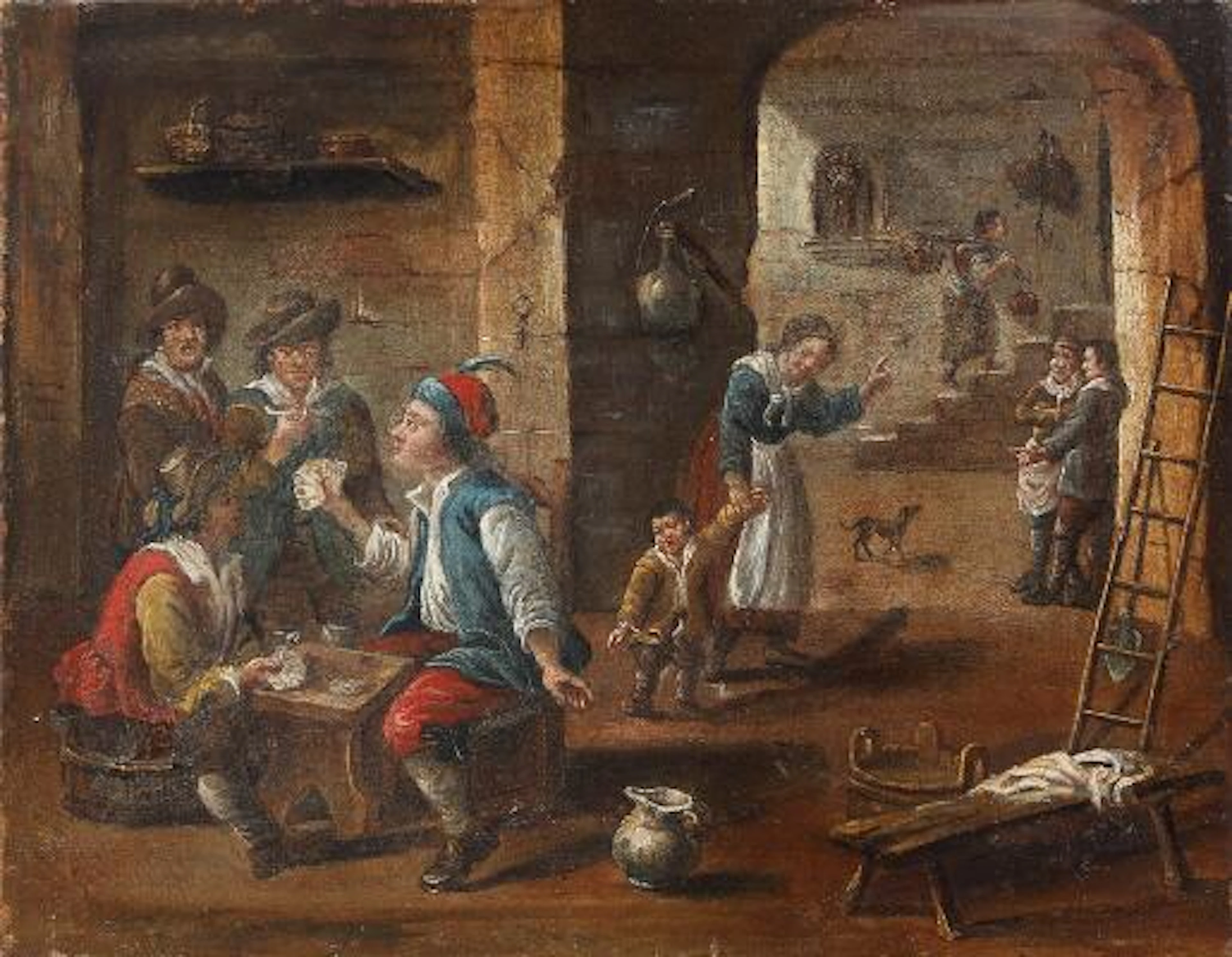 Dutch artist, 19th century: Tavern interior with several figures gathered