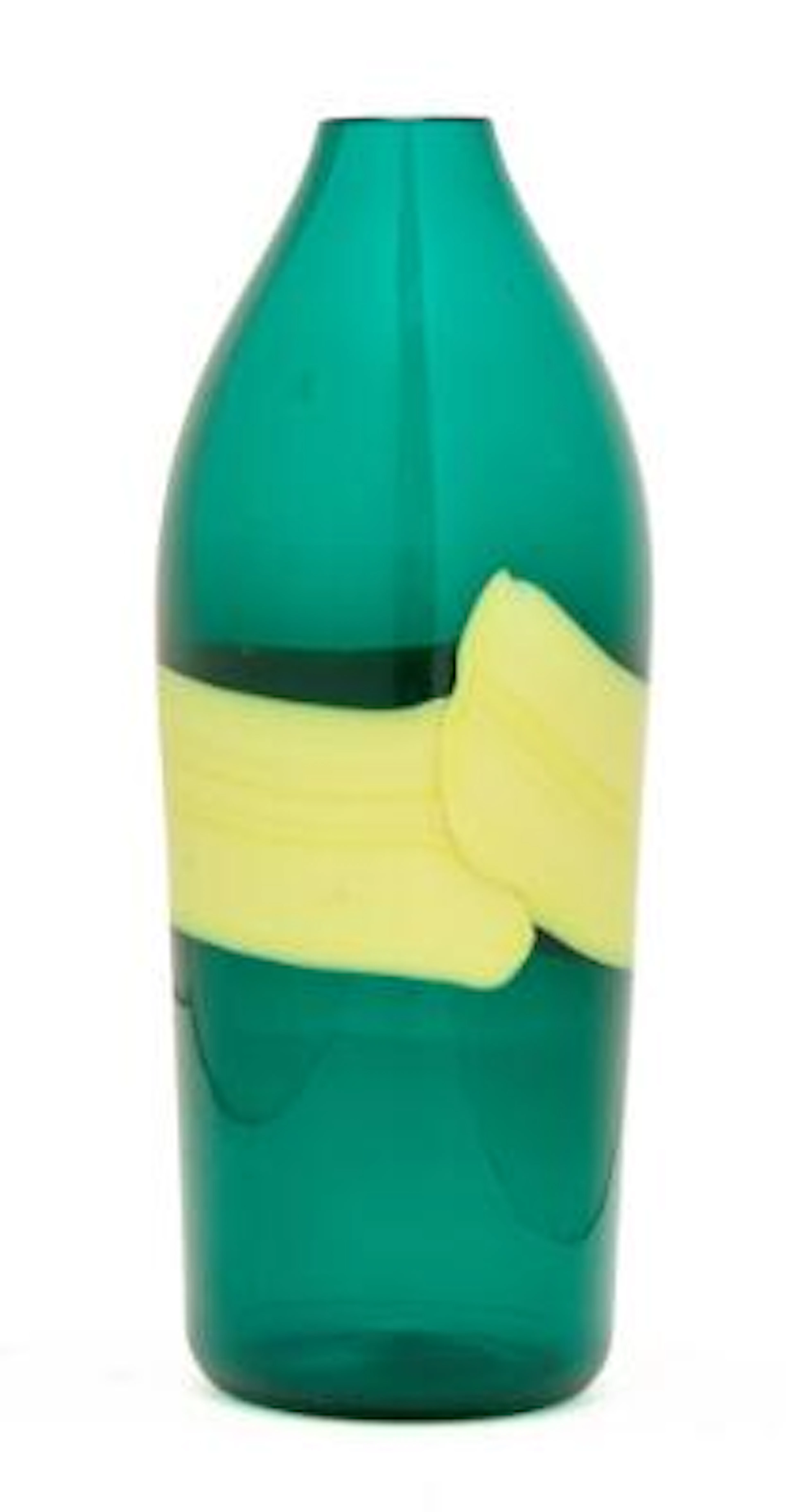Venini: A green glass vase with a horizontal yellow band decor. Acid