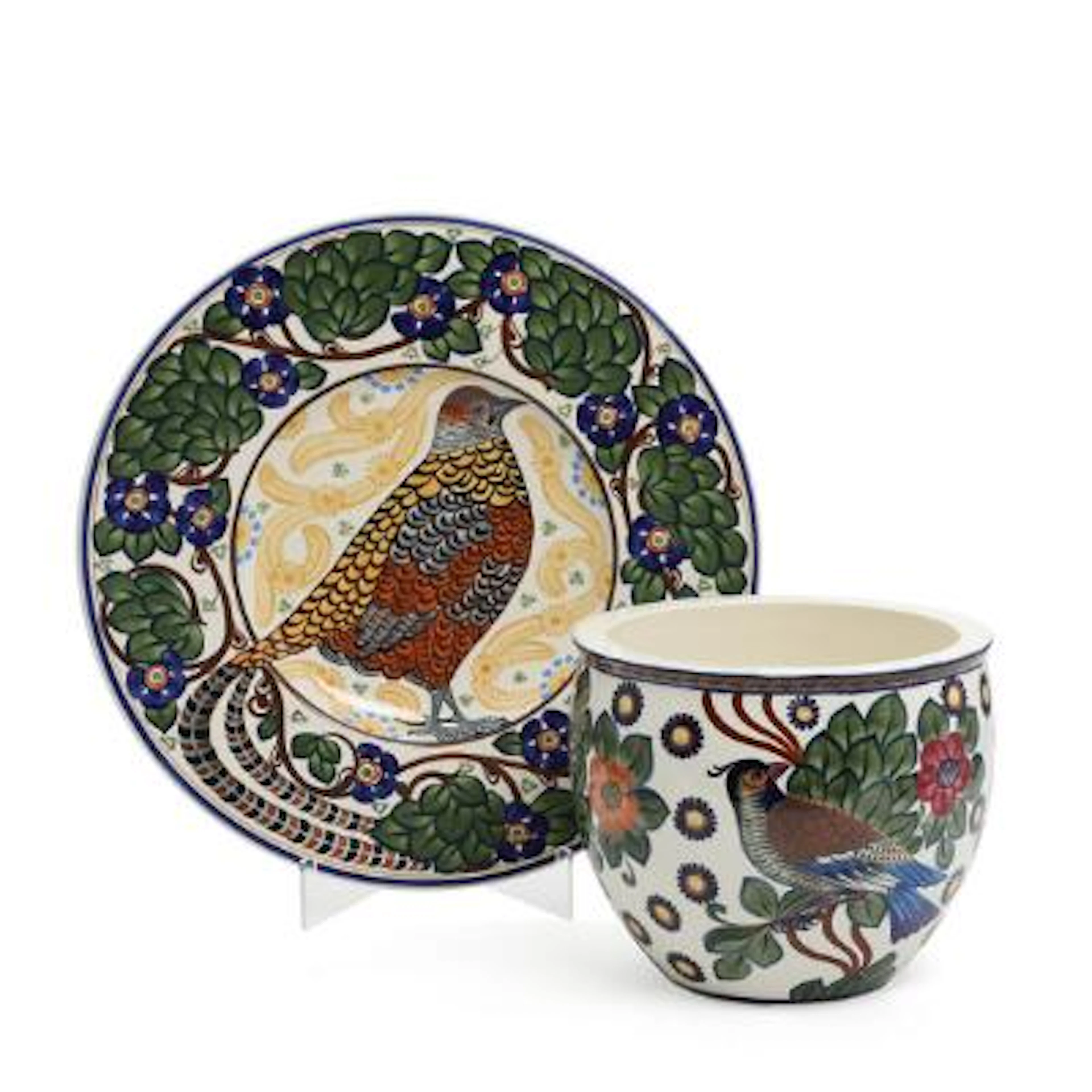 Harald Slott-Møller a.o.: Faience plant pot and wall platter, decorated