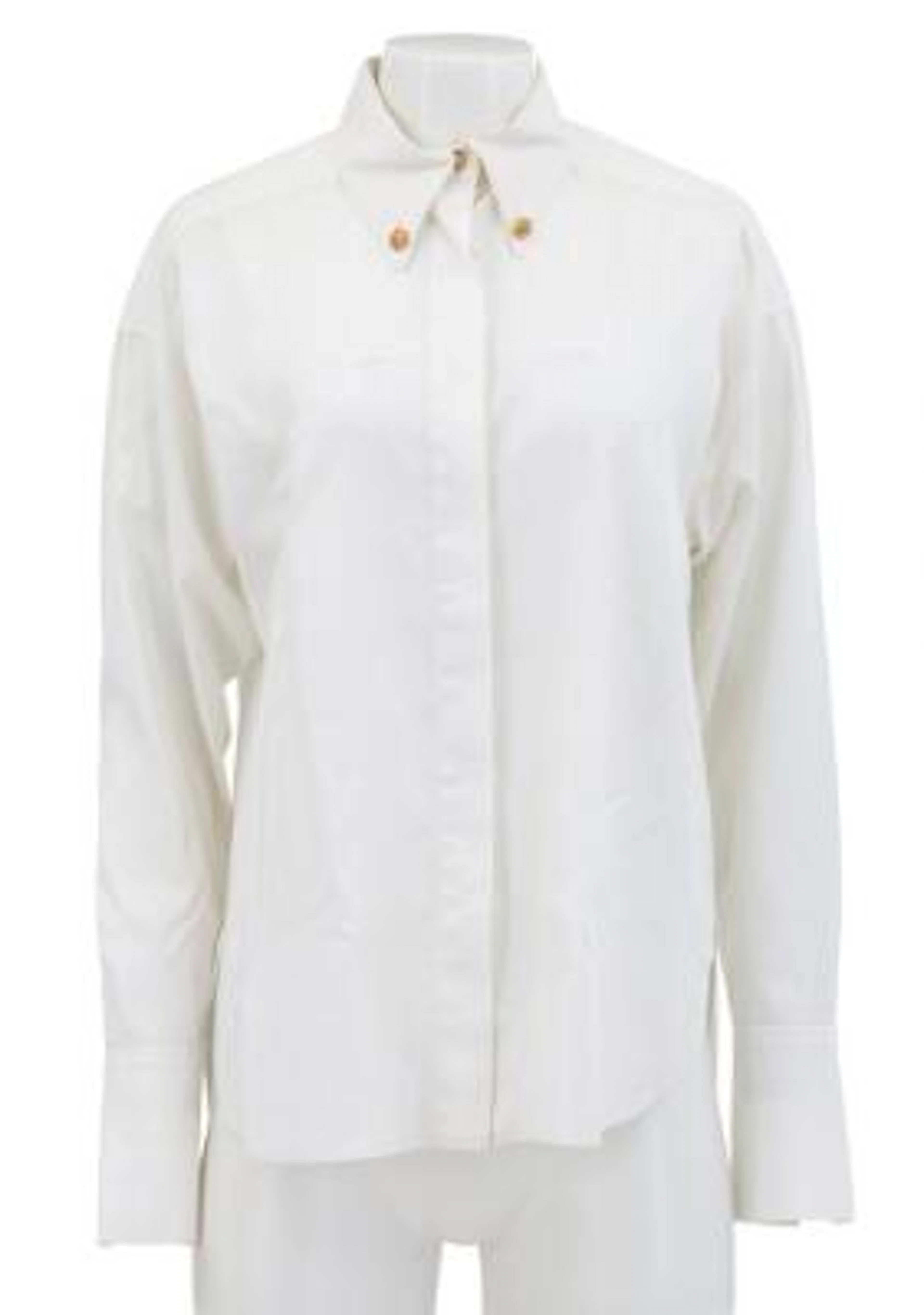 Chanel: A white blouse with a monogram motif, a collar and buttons