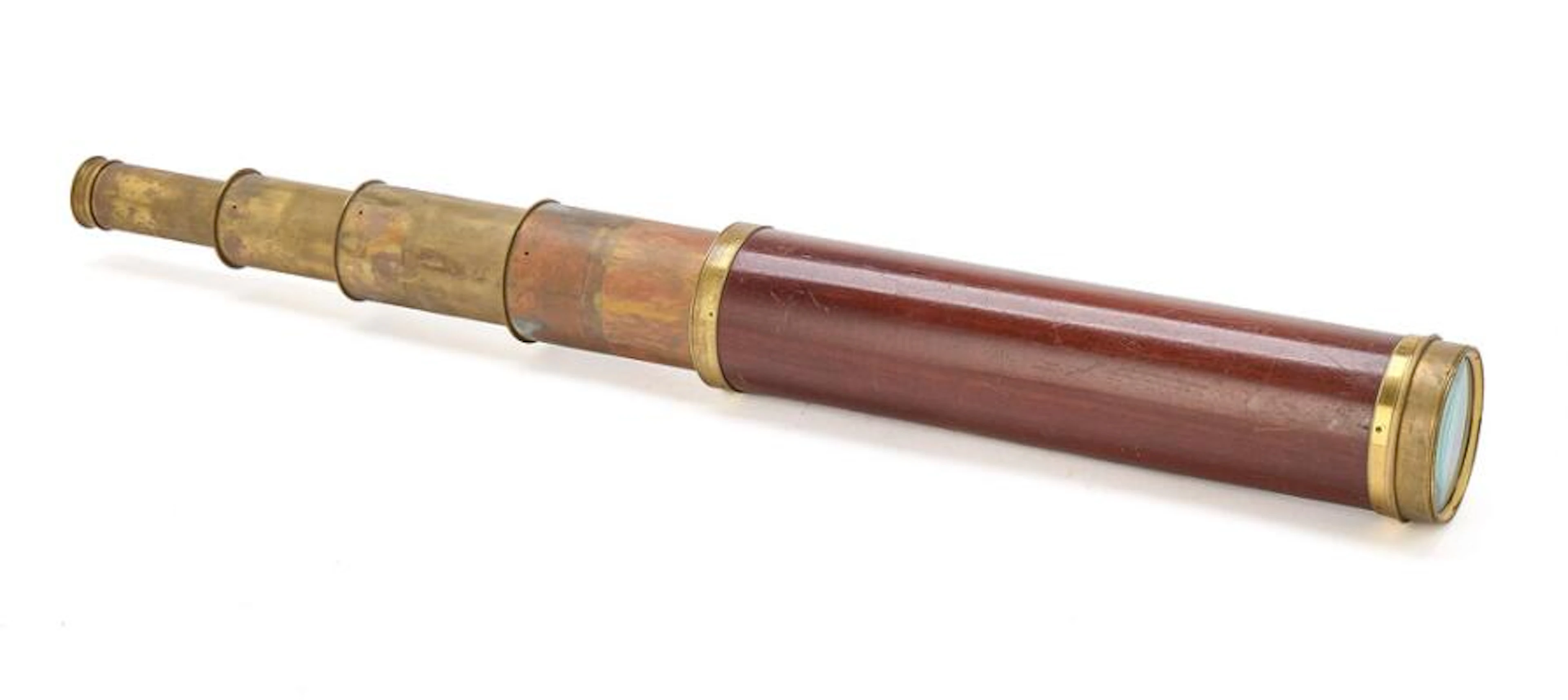 Mahogany and brass telescope in a contemporary sharkskin-covered case.