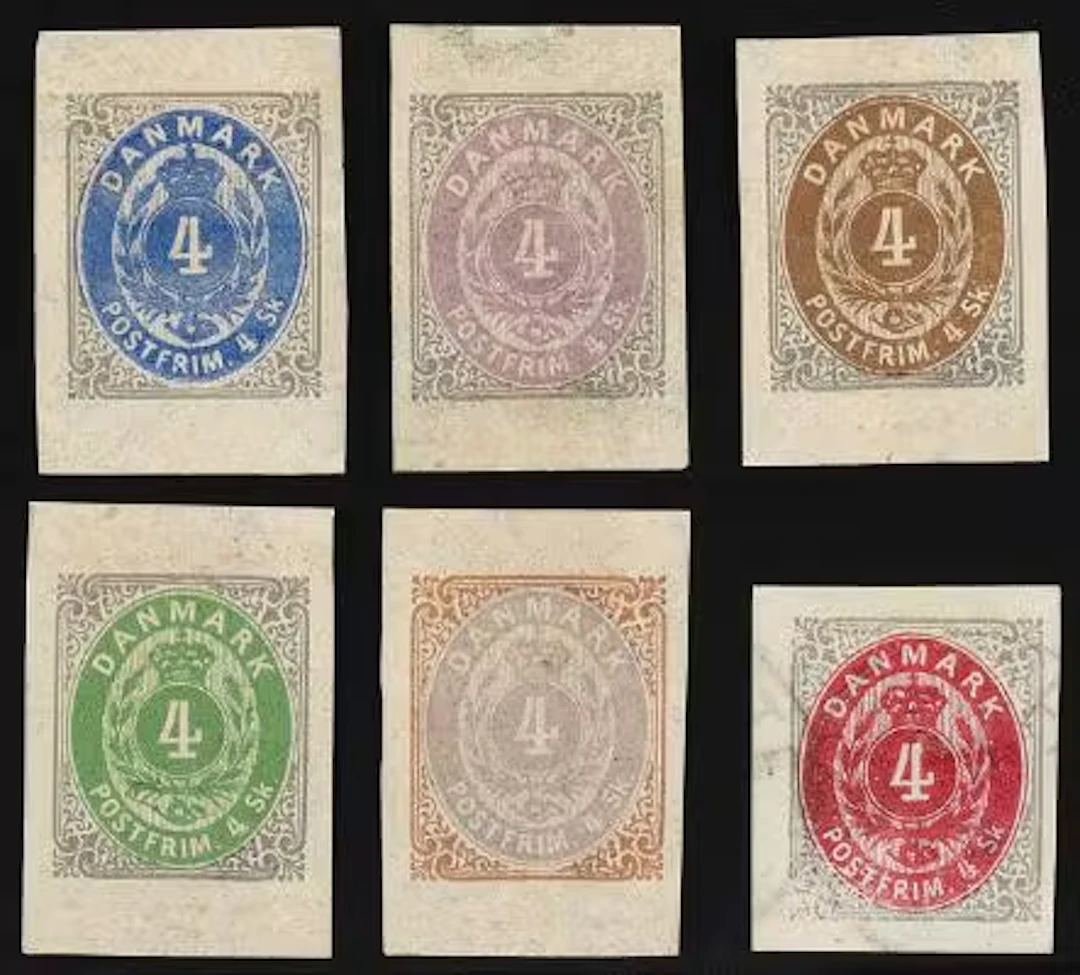 1870. 4 sk. normal frame. Lot with 6 PROOFS in diff. colour comb.