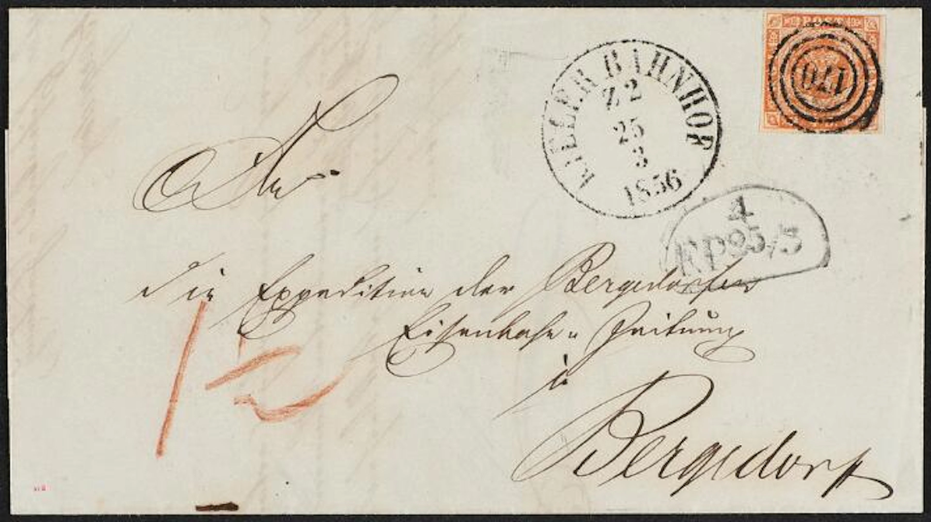 1854. 4 sk. 3.print. Cover from Kiel via Hamburg to Bergedorf. Dansih