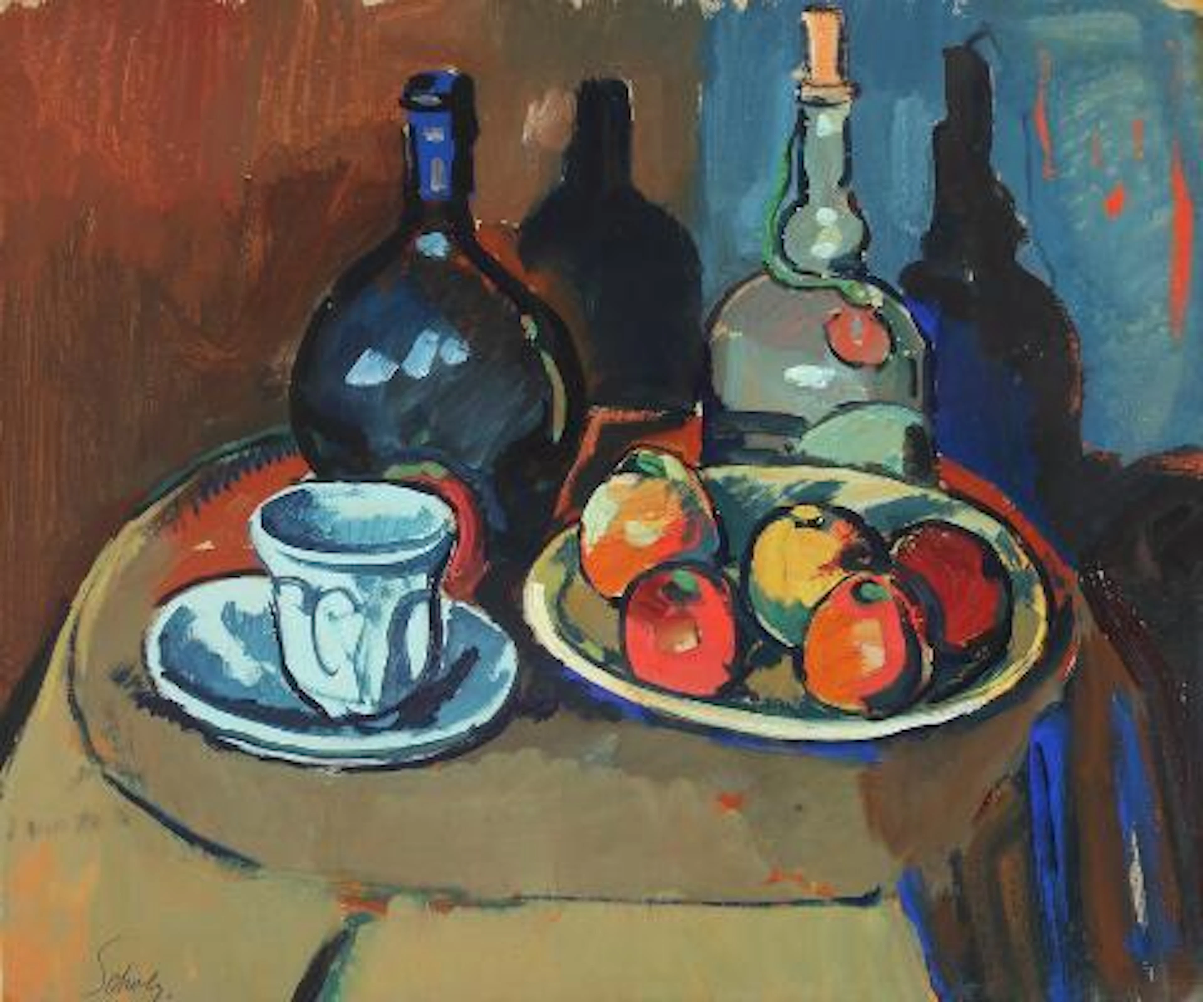 Werner Scholz: Still life with fruit. Signed Scholz. Gouache on paper.