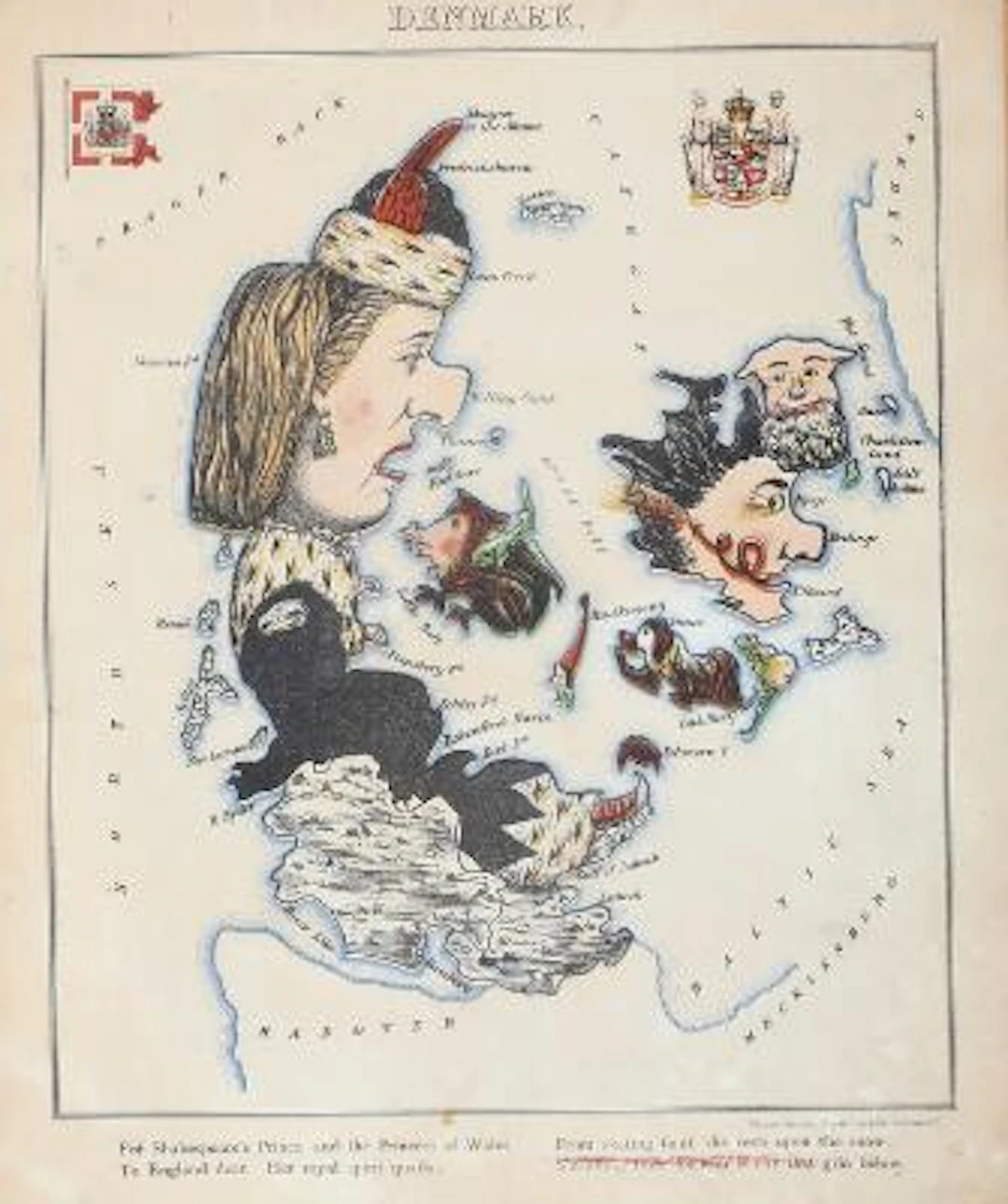 Lillian Lancaster: "Denmark". Satiric map of Denmark. Dr. Will. Harvey's