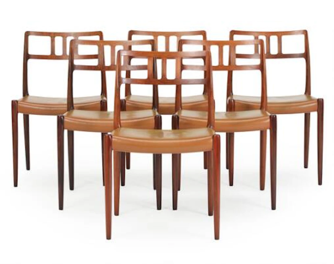Niels O. Møller: A set of six chairs with rosewood frame. Model 79.