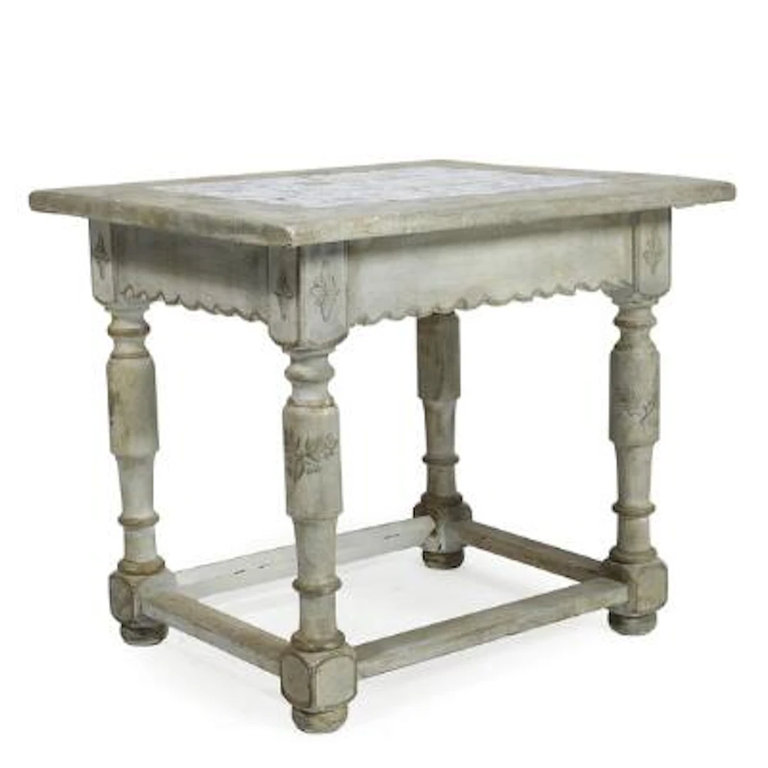 Baroque style tile table of grey-painted wood, top inlaid with Dutch