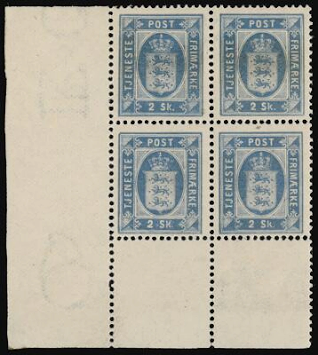 1871. 2 sk. blue. MNH BLOCK OF 4. Pos. 81-82/91-92 with full corner
