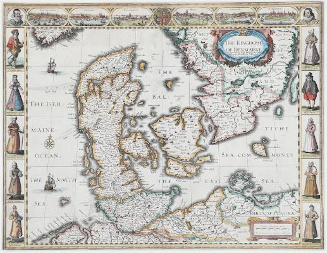 John Speed: "The Kingdome of Denmarke". 1626. Hand coloured engraving.