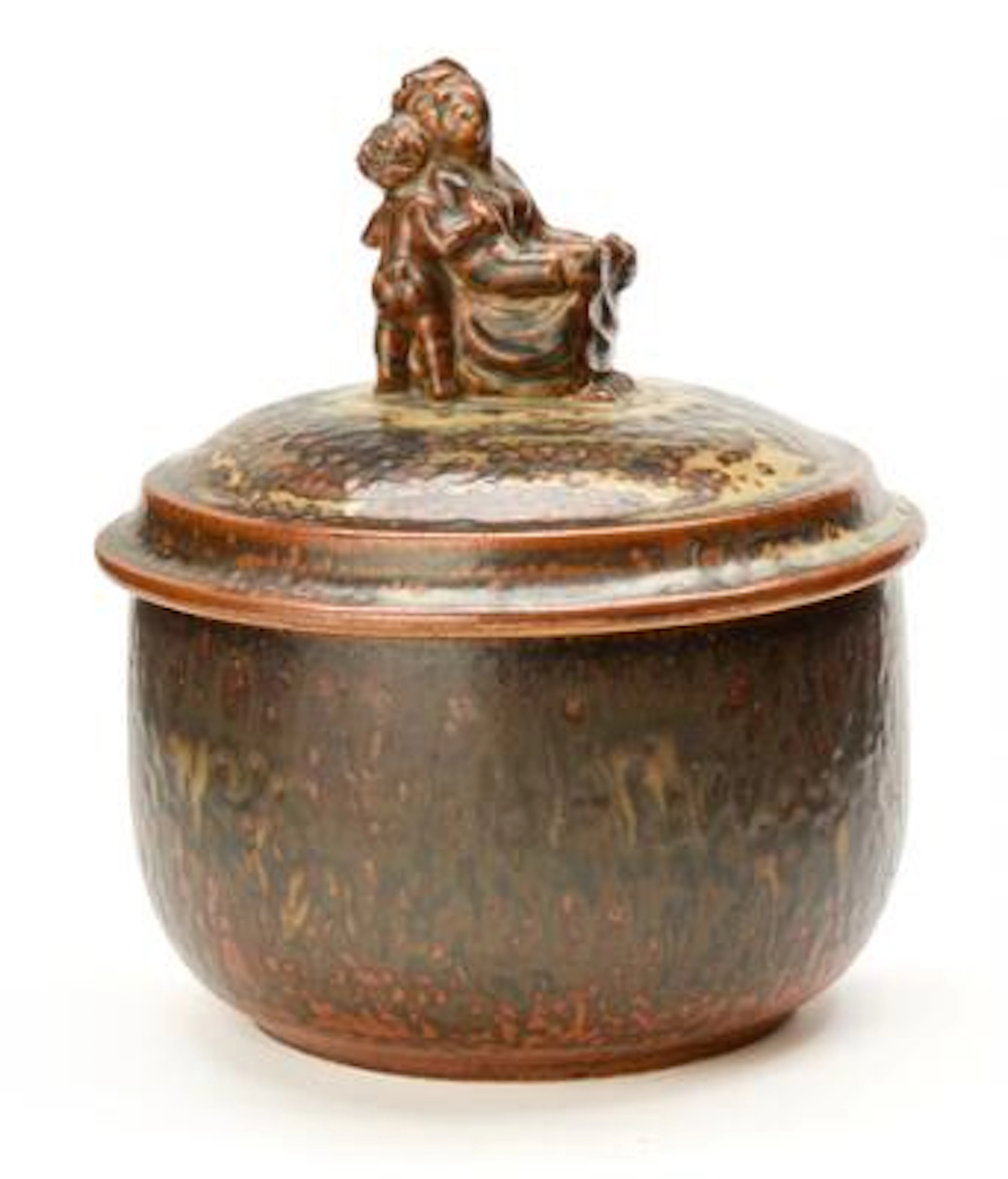 Bode Willumsen: A round stoneware lidded jar, lid modelled with figures.