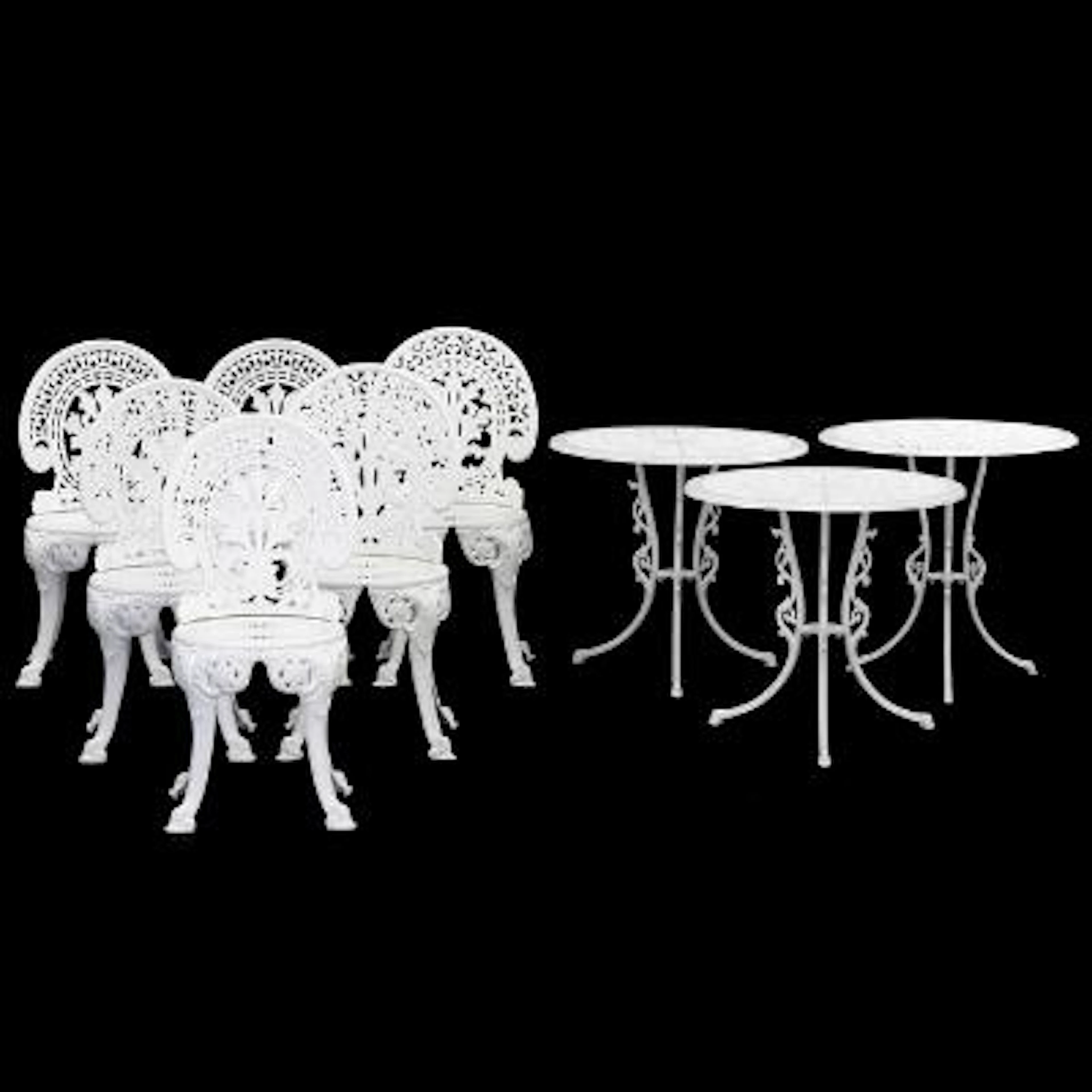A set of garden furniture made of white painted aluminum, consisting