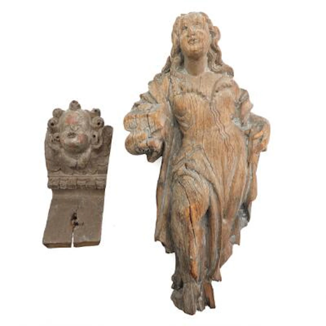 Baroque carved wood female figure and fragment with angel. 18th century.