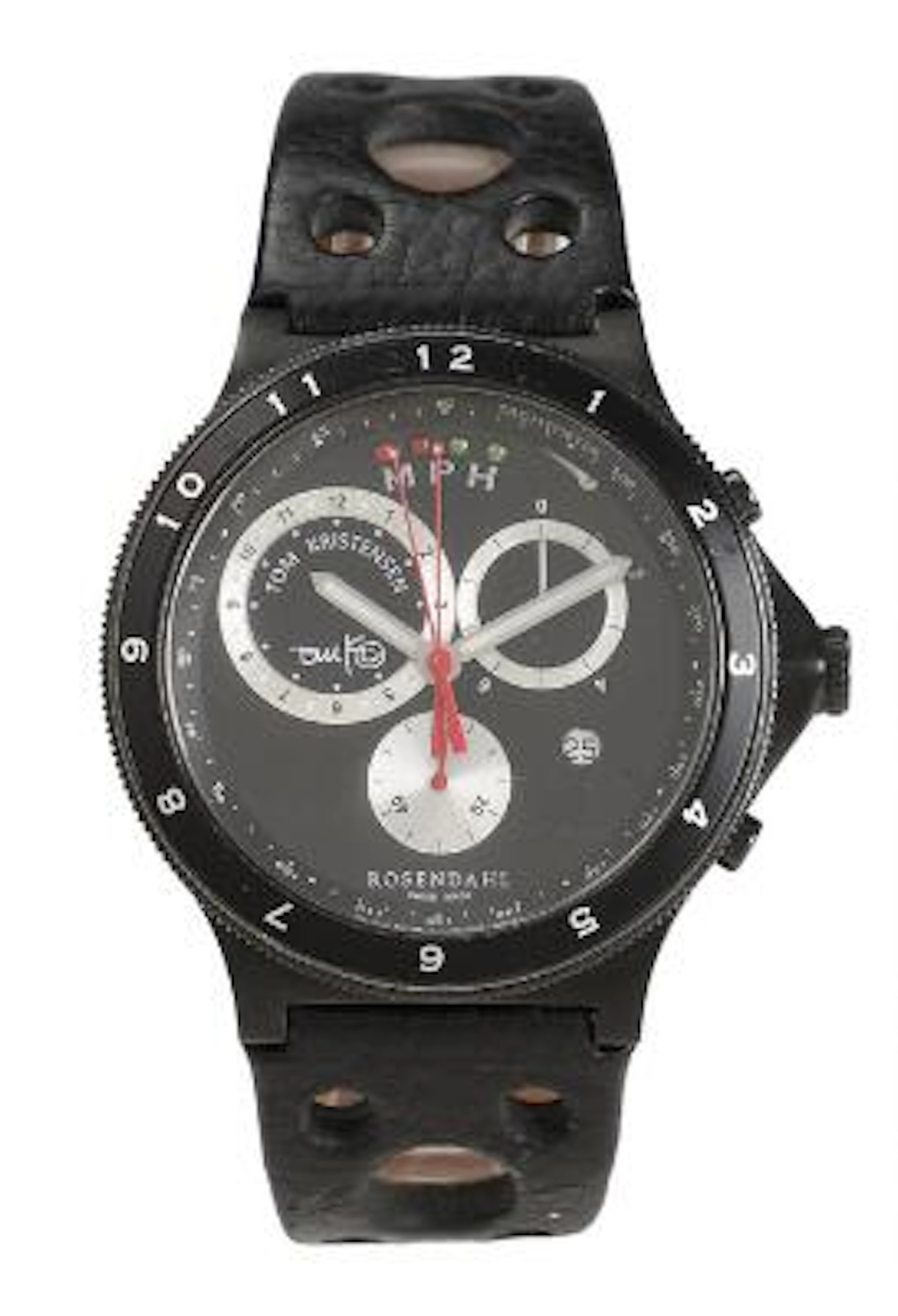 Rosendahl: A wristwatch of black steel. Model Tom Kristensen Le Mans