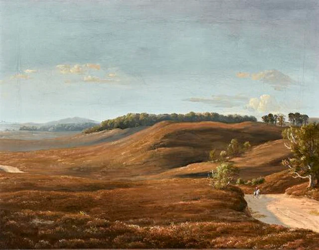 Dankvart Dreyer: A moor landscape with view of wooded banks. Unsigned.