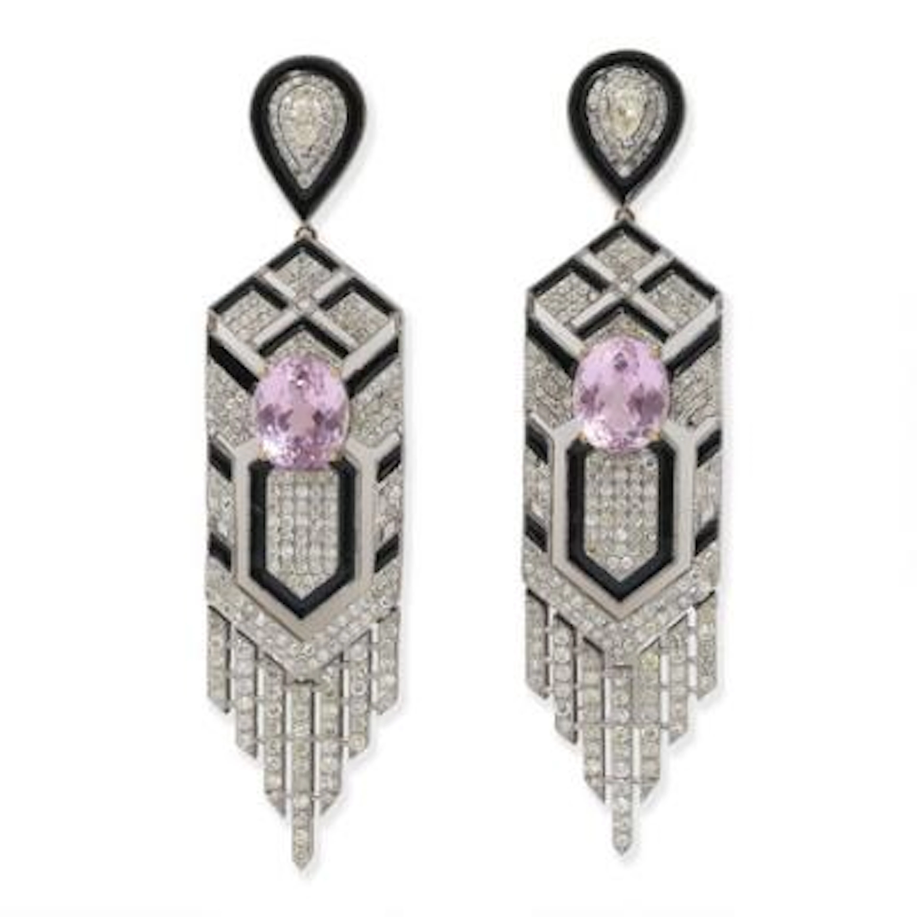 A pair of ear pendants set with kunzite, diamonds and black enamel