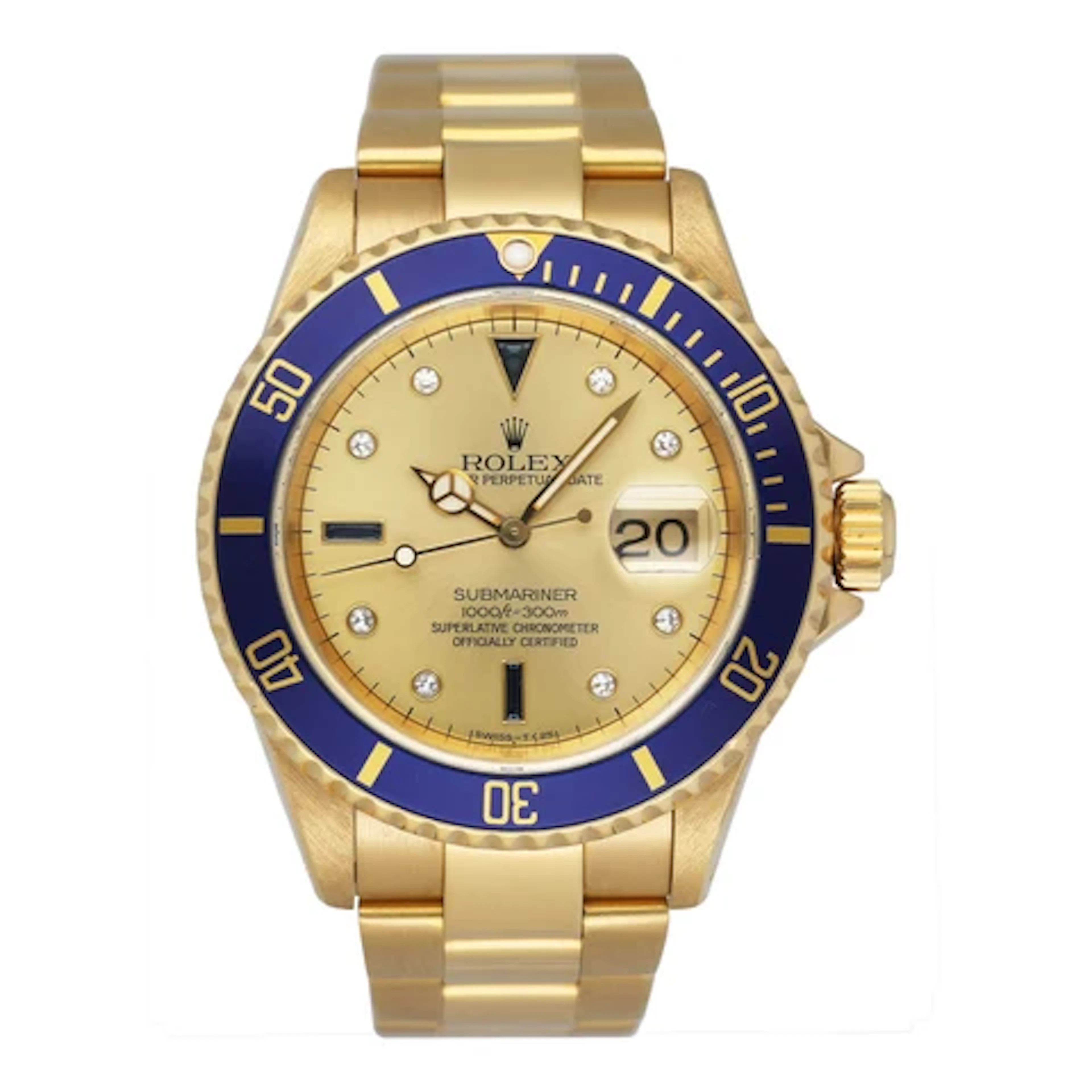 Rolex Submariner 16618 Serti Champagne Dial 18K Yellow Gold Mens Watch