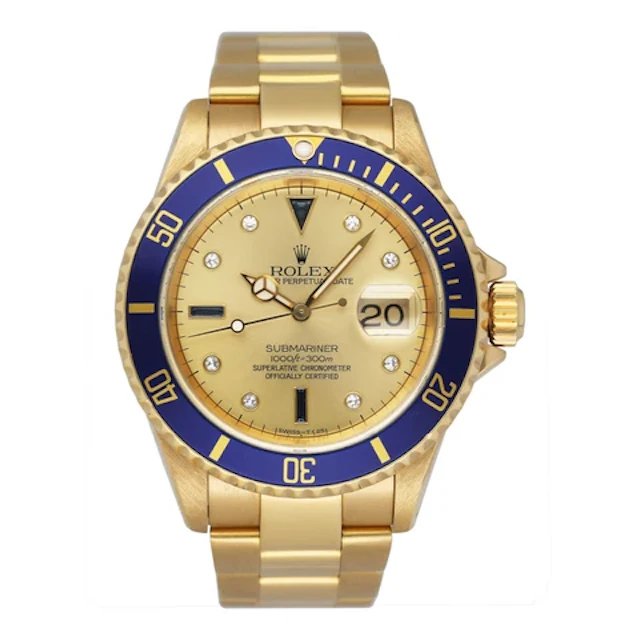 Rolex Submariner 16618 Serti Champagne Dial 18K Yellow Gold Mens Watch
