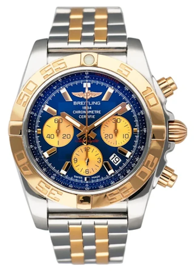 Breitling Chronomat 44 CB0110 Blue Dial Rose Gold Two-Tone Mens Watch