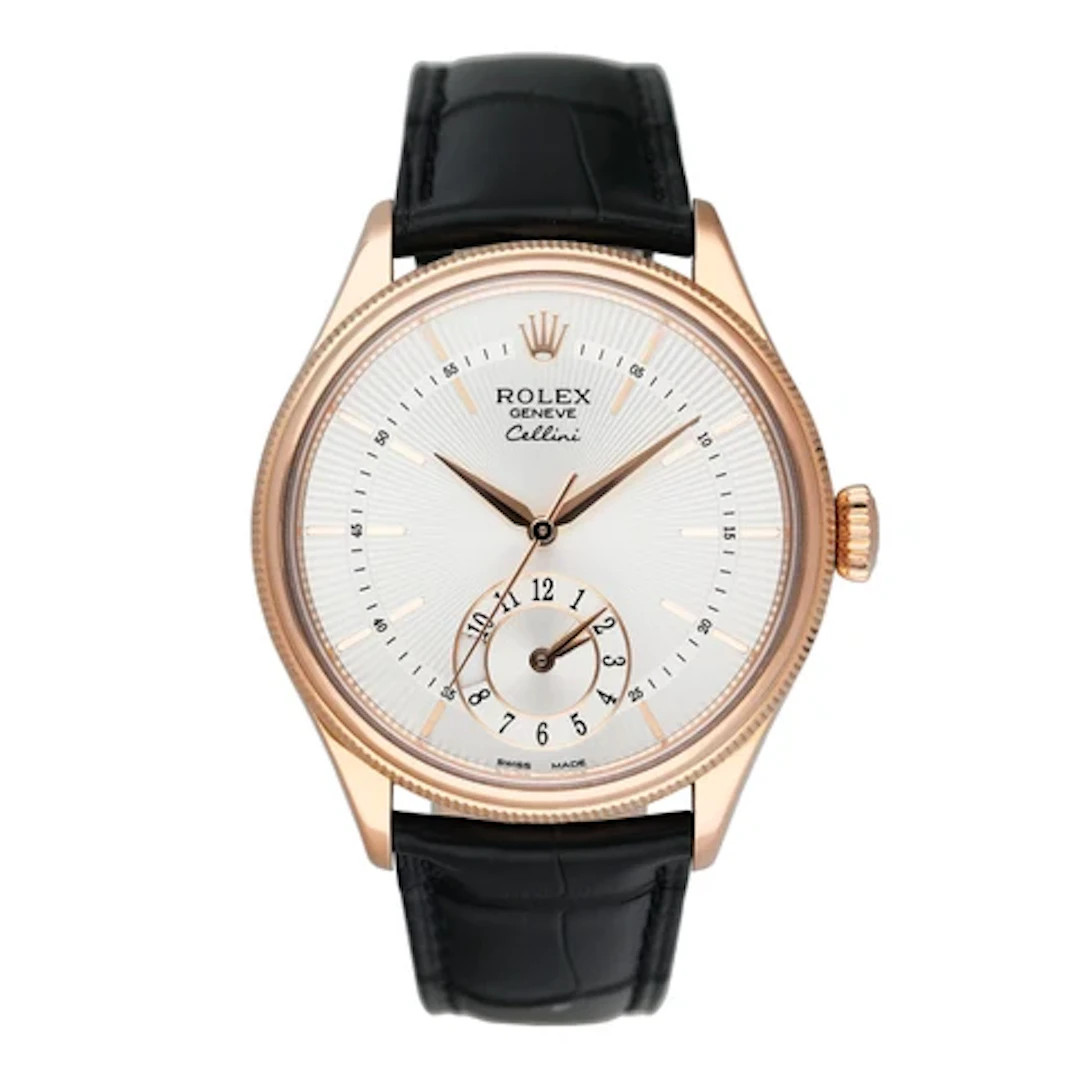 Rolex Cellini Dual Time 50525 Silver Dial 18K Rose Gold Mens Watch Box Papers
