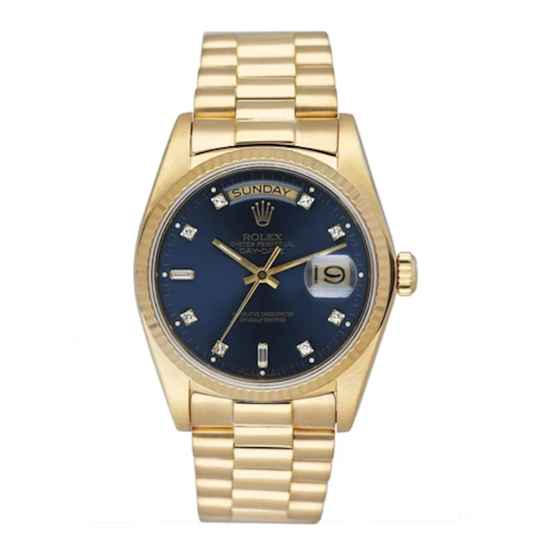 Rolex Day Date 18038 Diamond Blue Dial 18K Yellow Gold Mens Watch