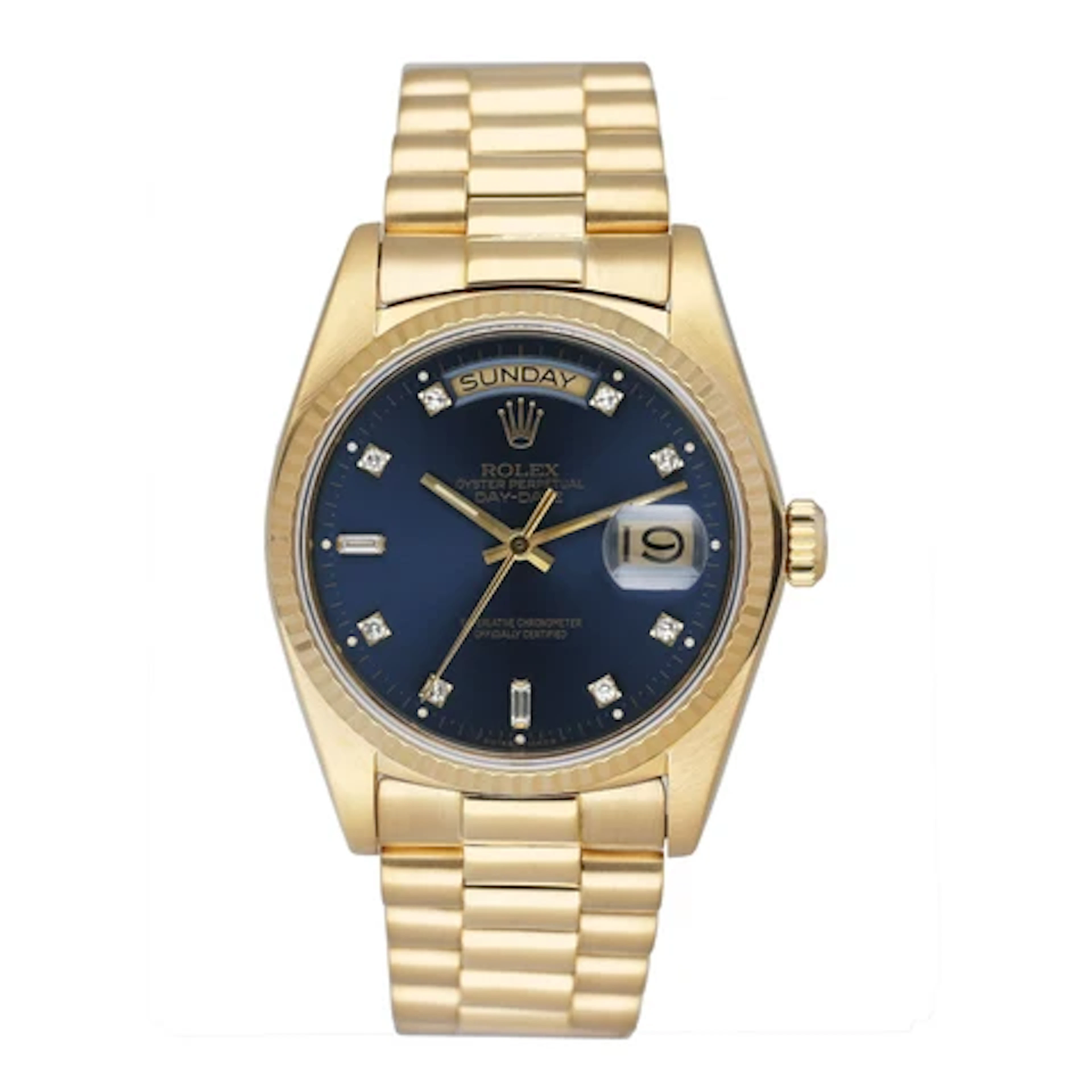 Rolex Day Date 18038 Diamond Blue Dial 18K Yellow Gold Mens Watch