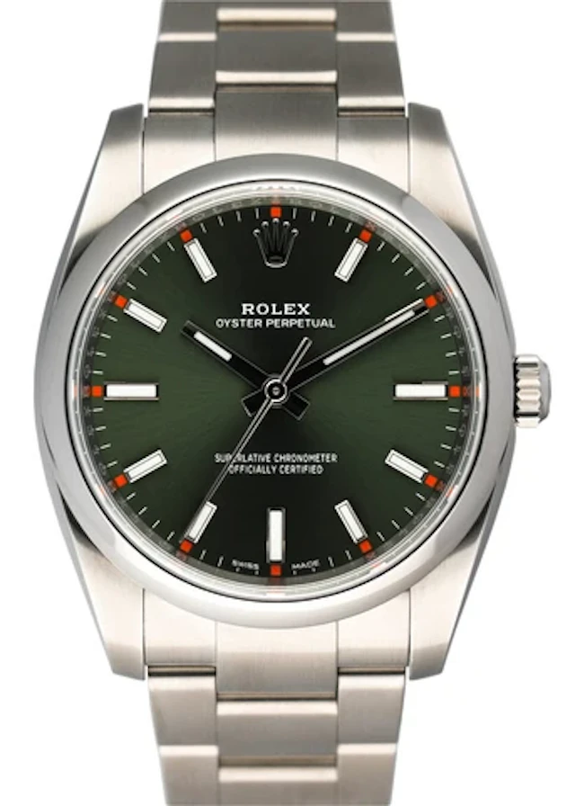Rolex Oyster Perpetual 114200 Green Dial Mens Watch Box Papers