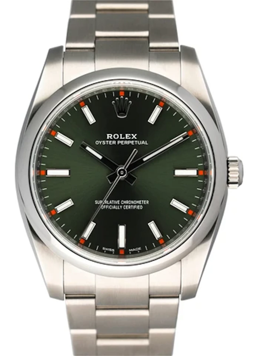 Rolex Oyster Perpetual 114200 Green Dial Mens Watch Box Papers
