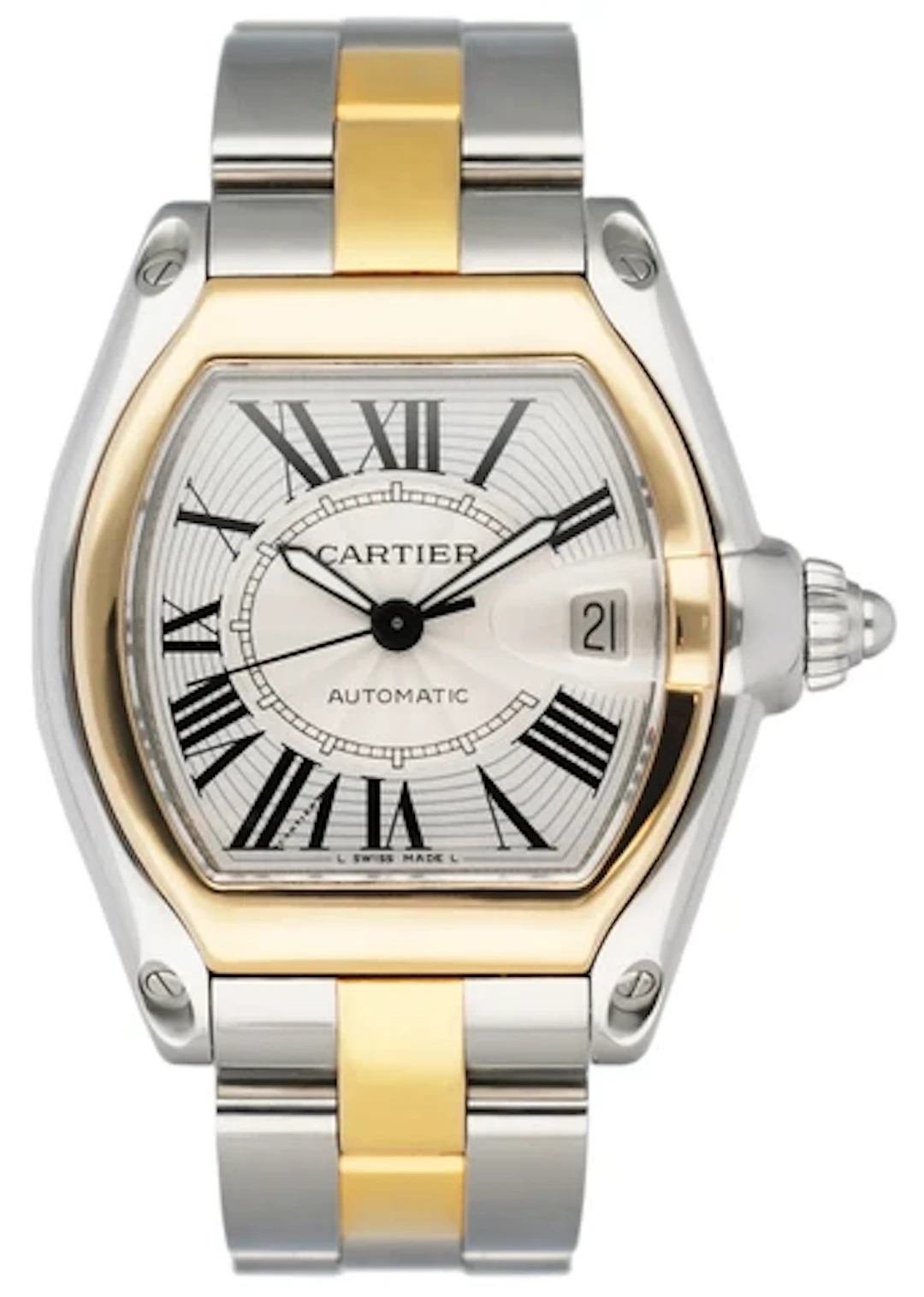 Cartier Roadster W62031Y4 Silver Dial Two Tone Mens Watch Box Papers