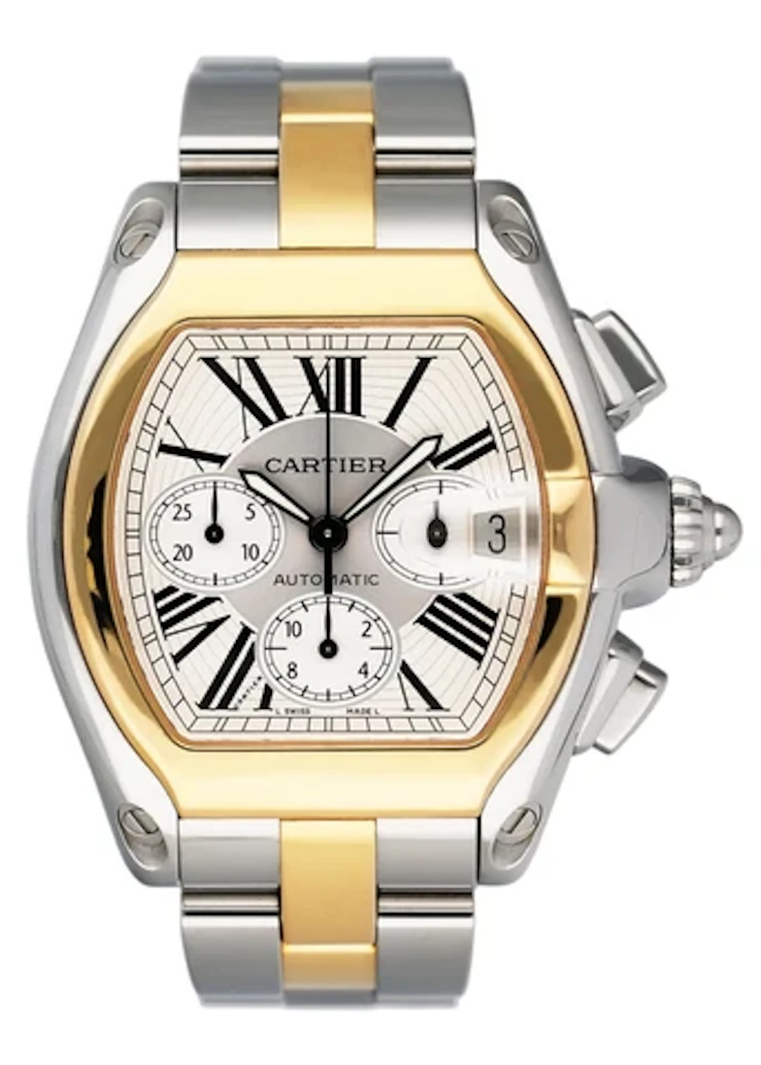 Cartier Roadster W62027Z1 Silver Dial Two Tone Mens Watch Box Papers