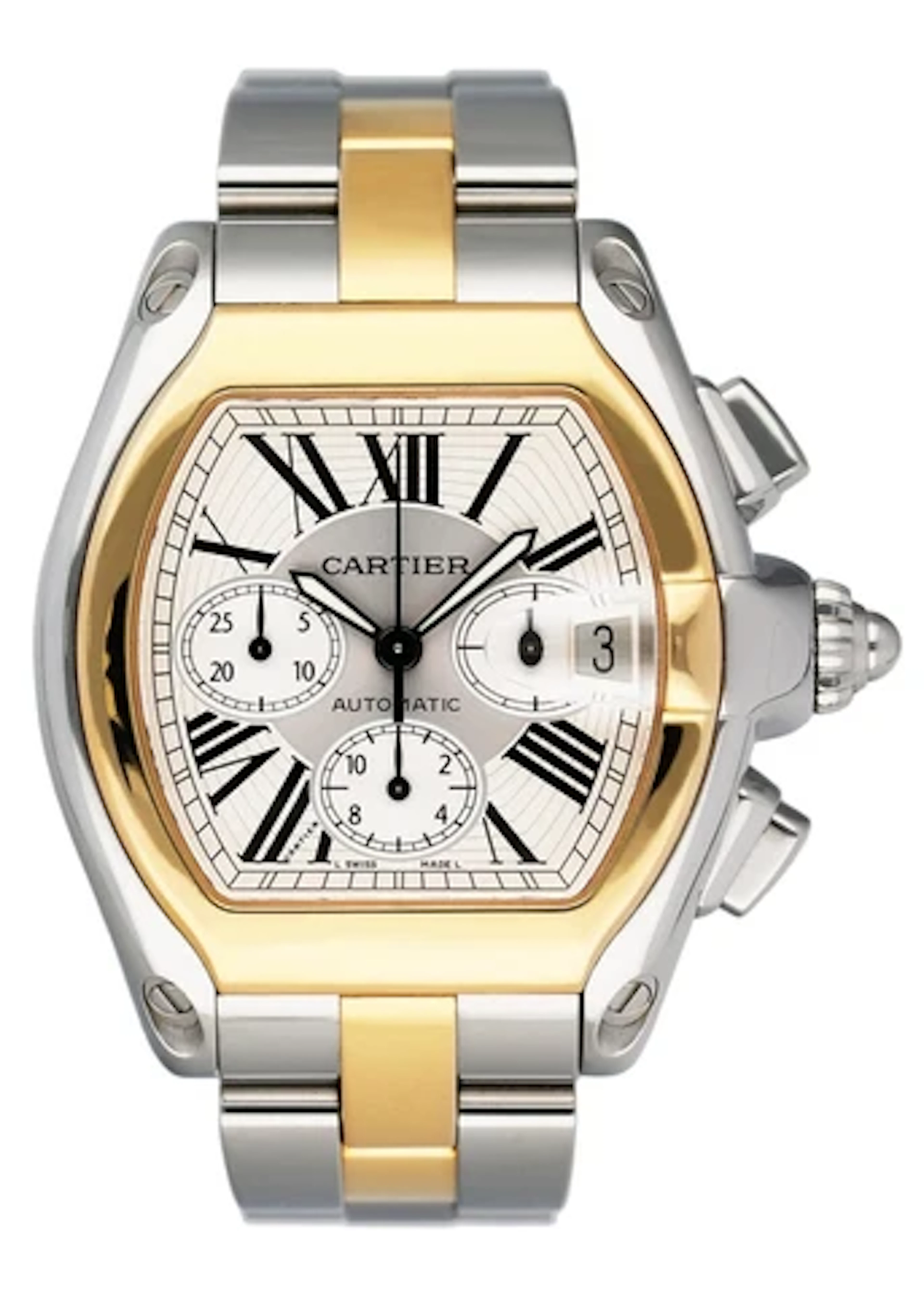 Cartier Roadster W62027Z1 Silver Dial Two Tone Mens Watch Box Papers