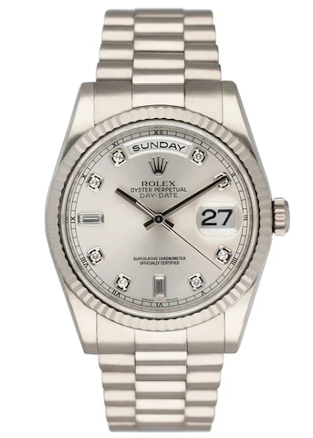 Rolex Day-Date 118239 Diamond Silver Dial Mens Watch Box Papers