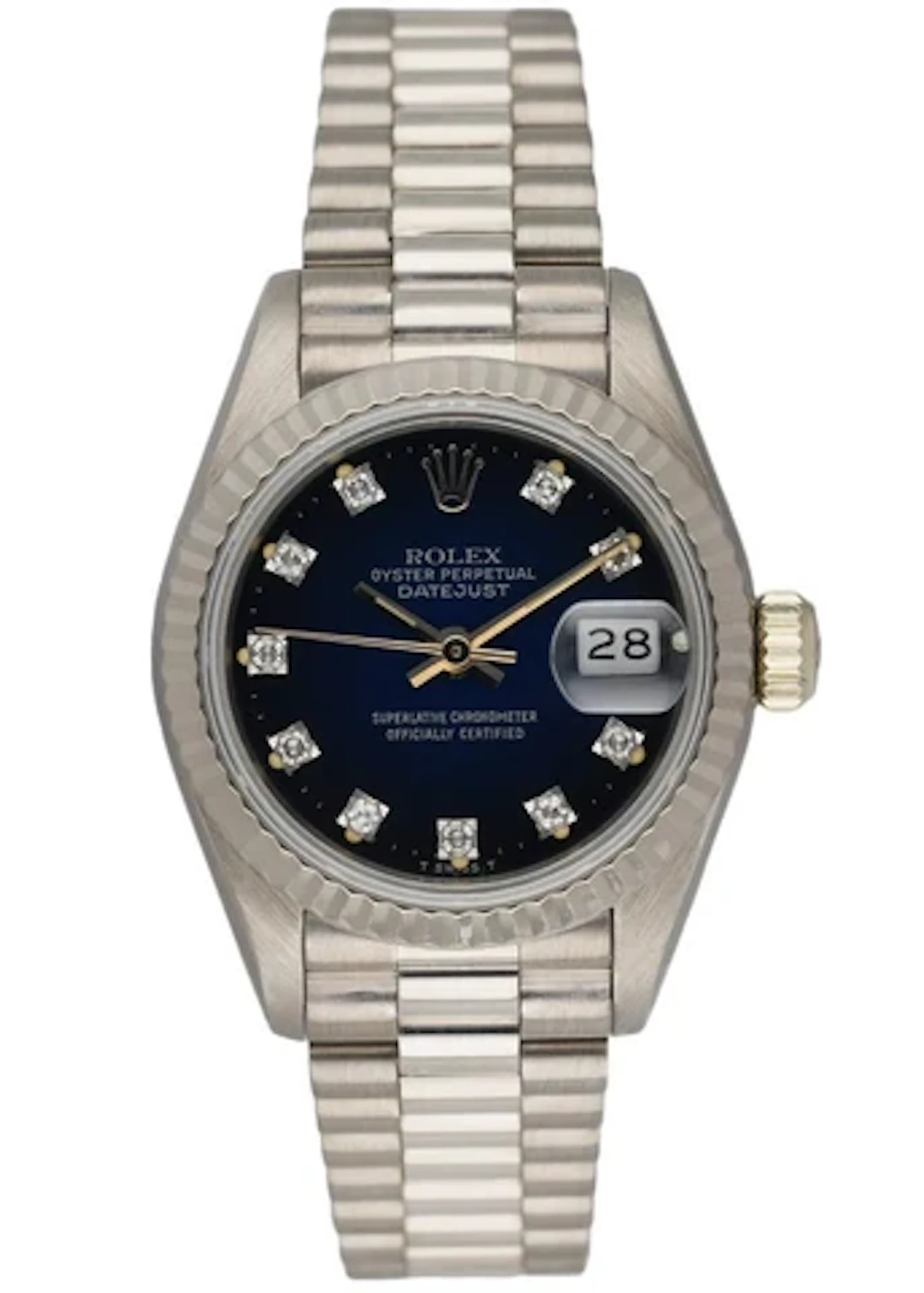 Rolex Datejust 69179 18K White Gold Blue Vignette Diamond Dial Ladies Watch
