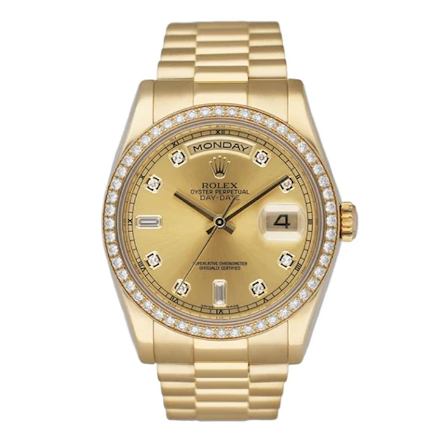 Rolex Day-Date 118348 Diamond Dial 18K Yellow Gold Mens Watch Box Papers