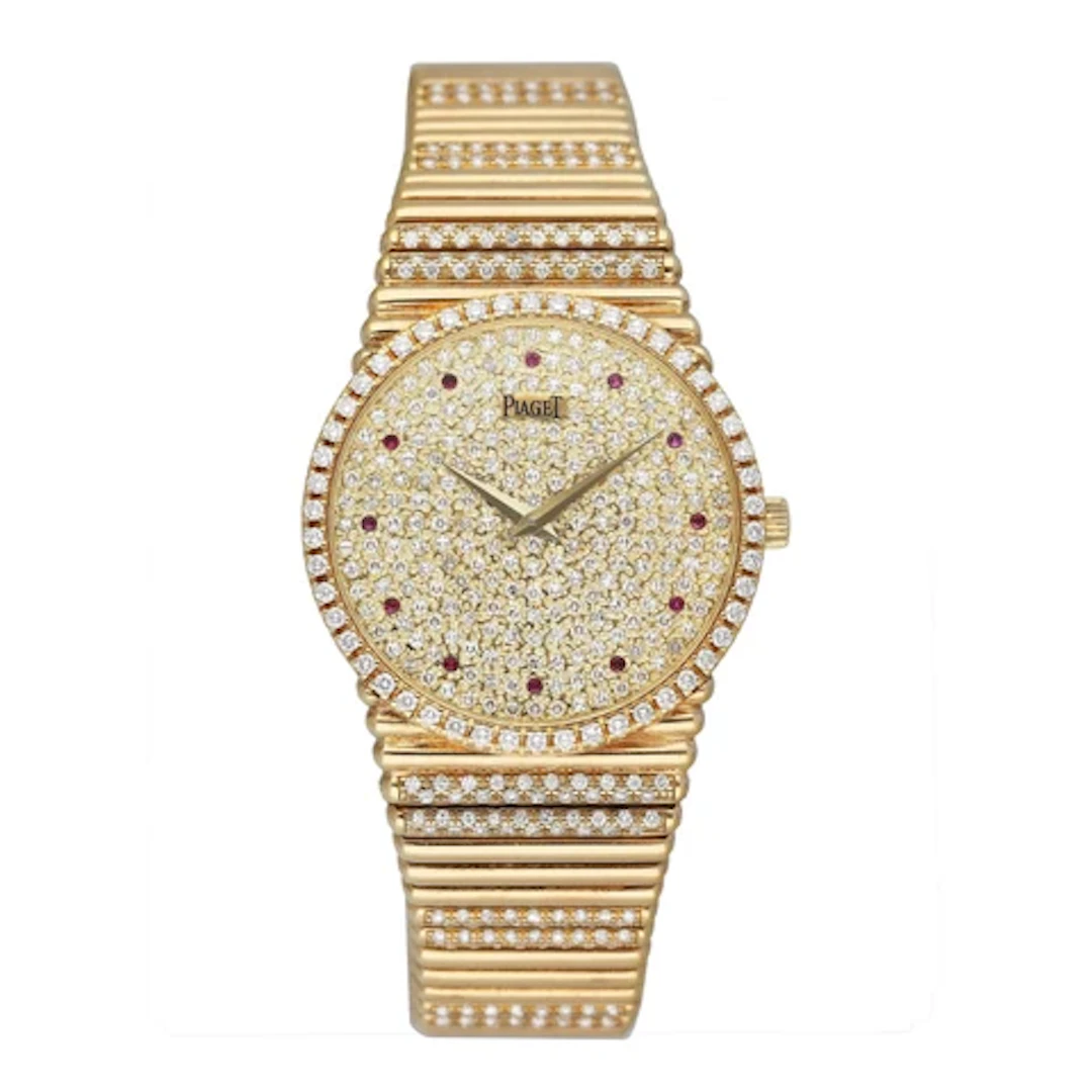 Piaget Vintage 9066 C 505 Ruby Pave Dial 18K Yellow Gold Ladies Watch