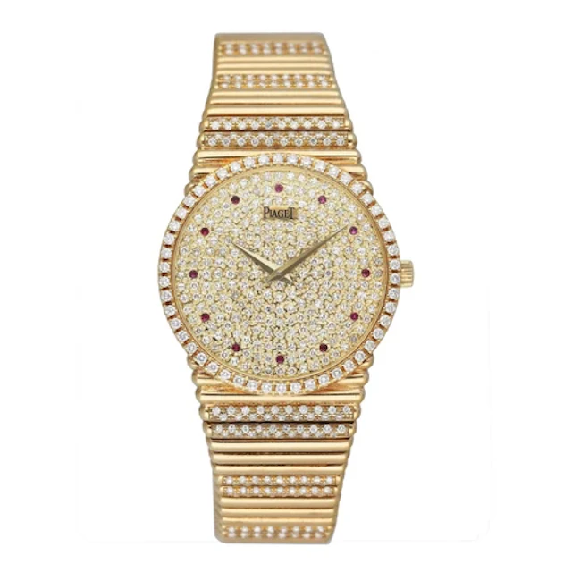 Piaget Vintage 9066 C 505 Ruby Pave Dial 18K Yellow Gold Ladies Watch