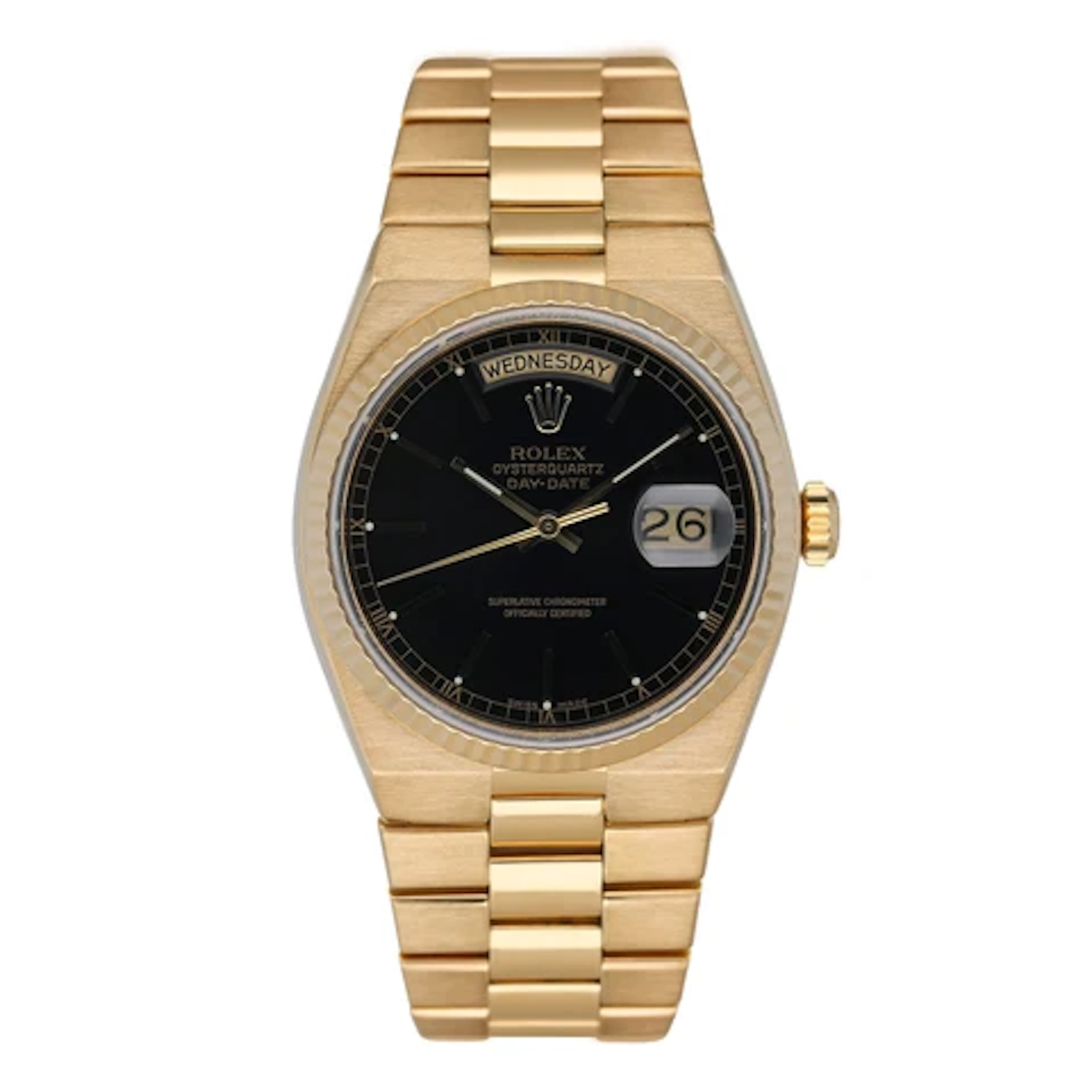 Rolex Oysterquartz 19018 Black Dial 18K Yellow Gold Mens Watch Box Papers
