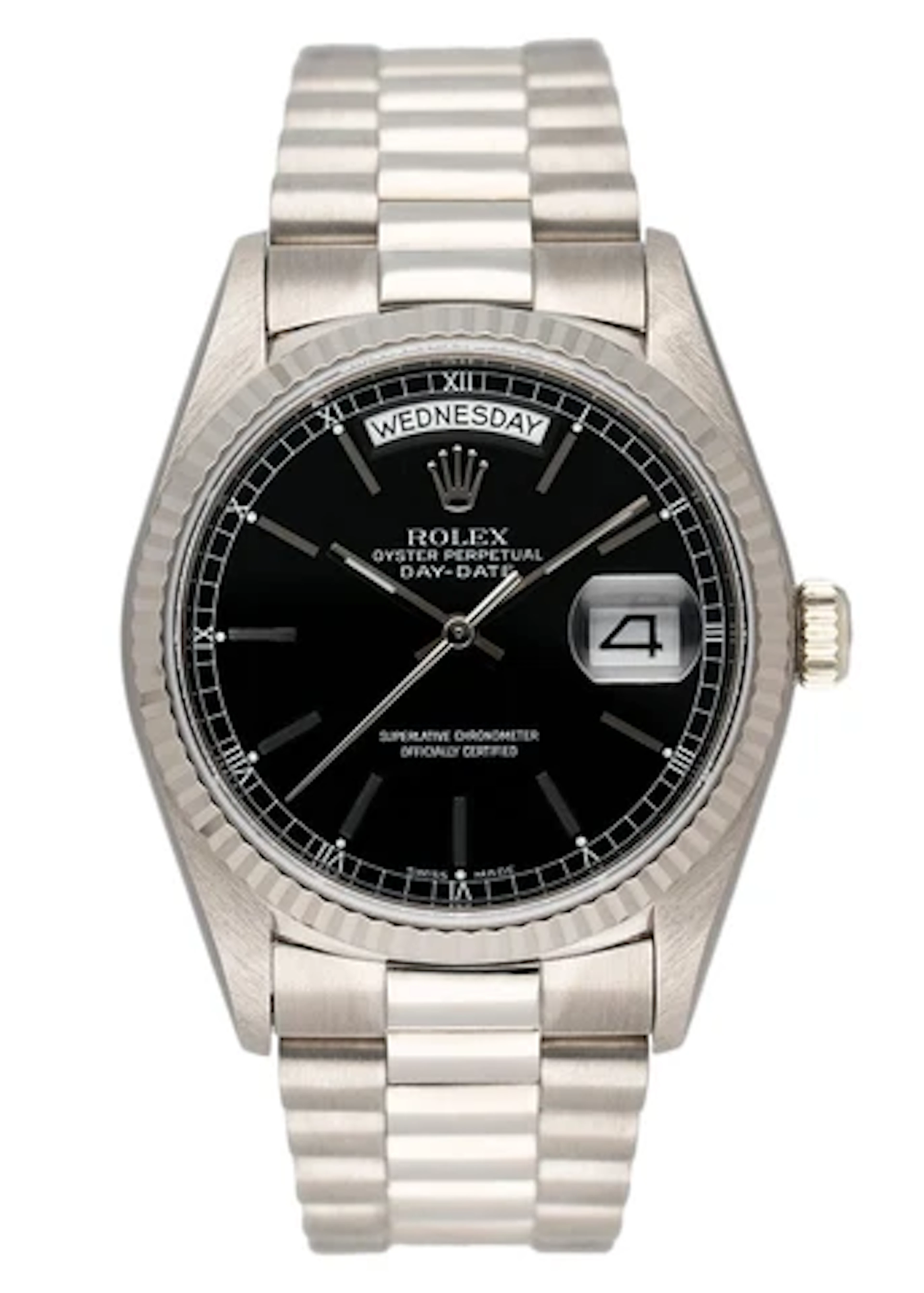 Rolex Day-Date 18039 Black Dial 18K White Gold Mens Watch Box Papers