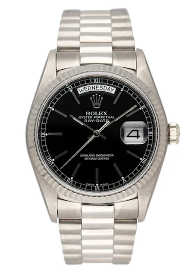 Rolex Day-Date 18039 Black Dial 18K White Gold Mens Watch Box Papers