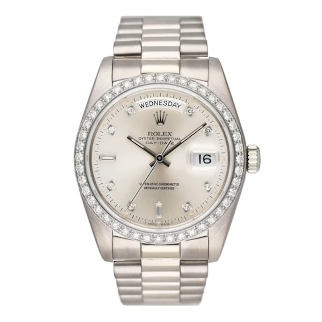 Rolex Day-Date 18049 Diamond Silver Dial 18K White Gold Mens Watch Box Papers