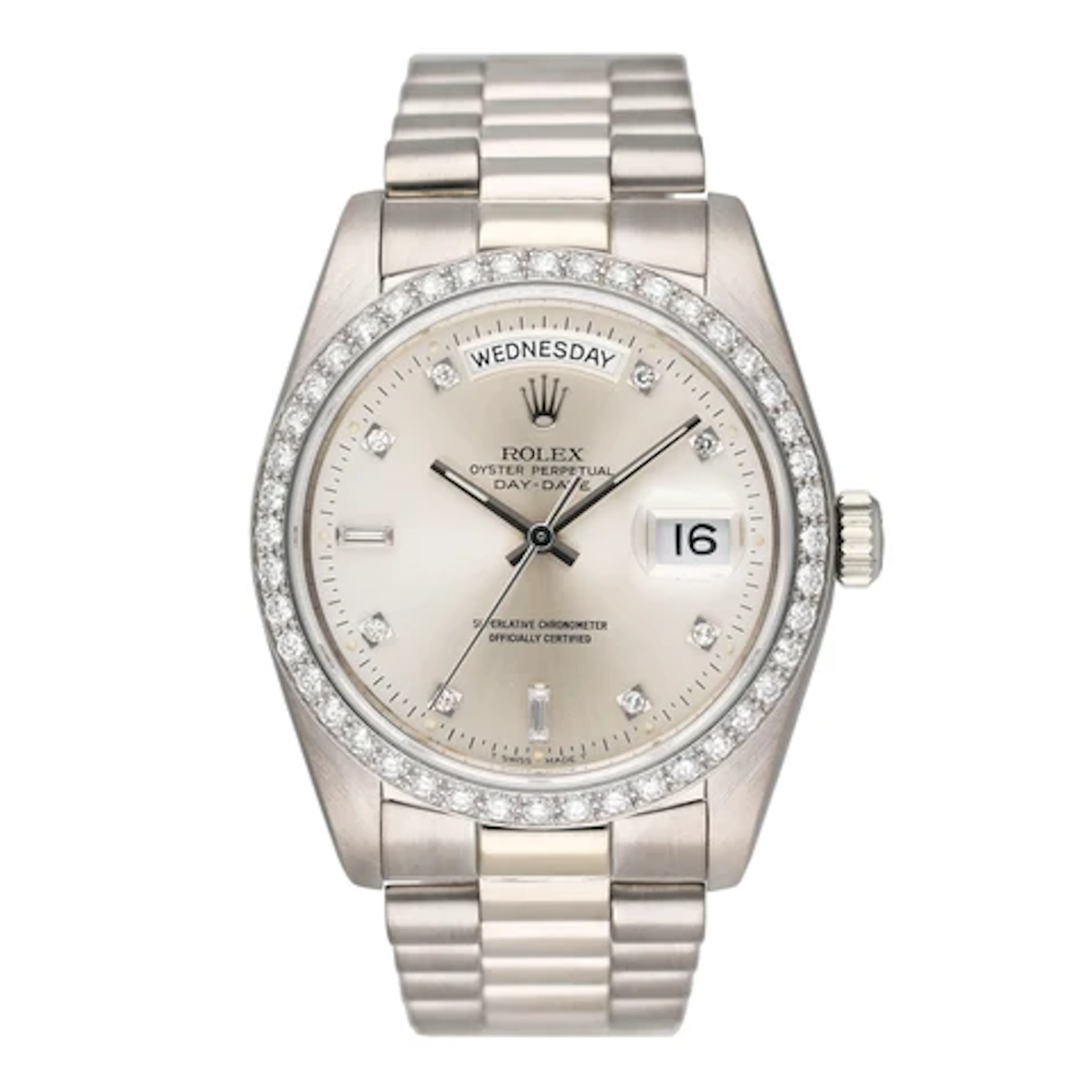 Rolex Day-Date 18049 Diamond Silver Dial 18K White Gold Mens Watch Box Papers
