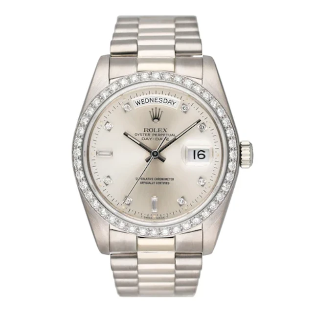 Rolex Day-Date 18049 Diamond Silver Dial 18K White Gold Mens Watch Box Papers