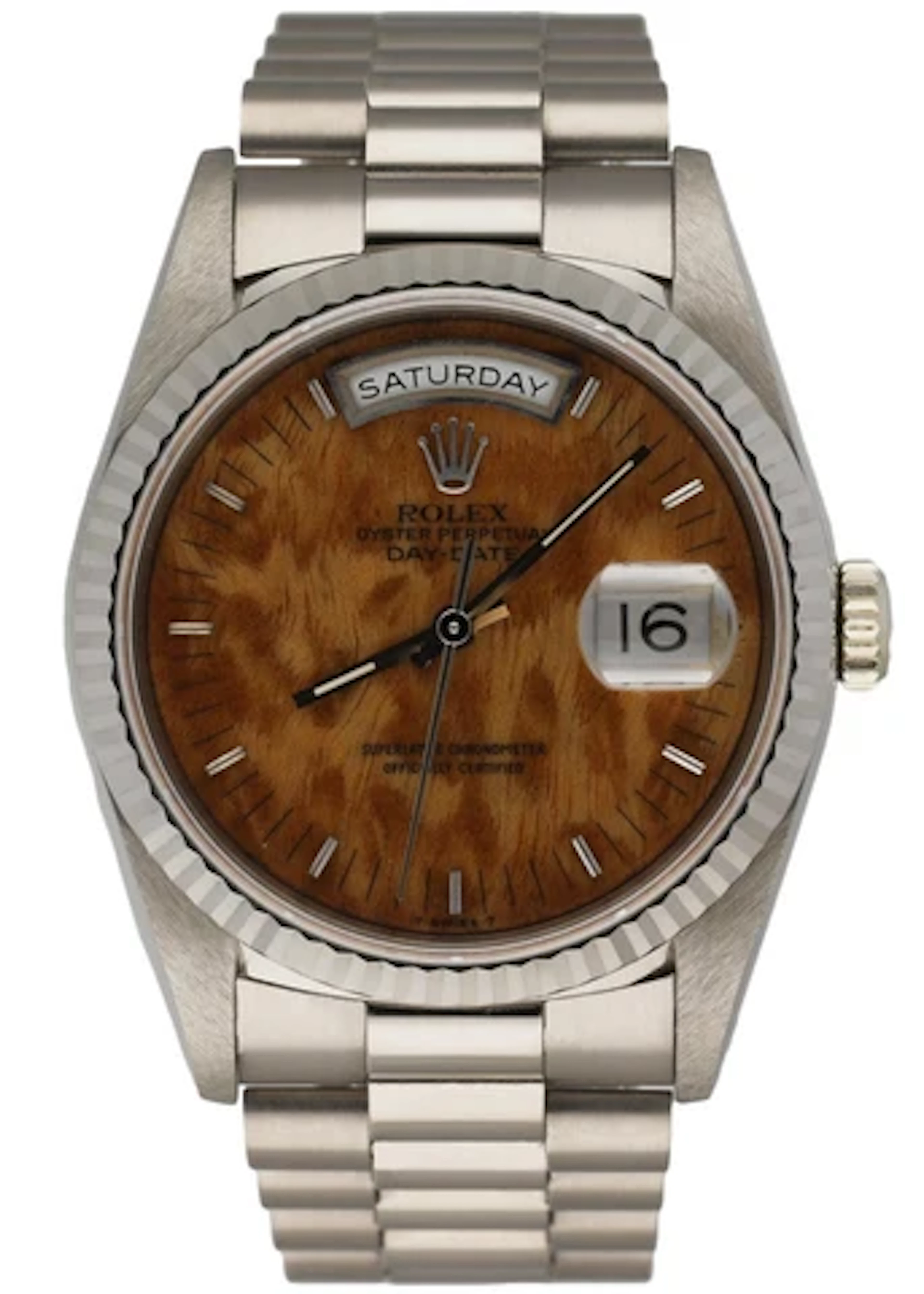 Rolex Day Date 18239 18K White Gold Wood Dial Men's Watch Mint