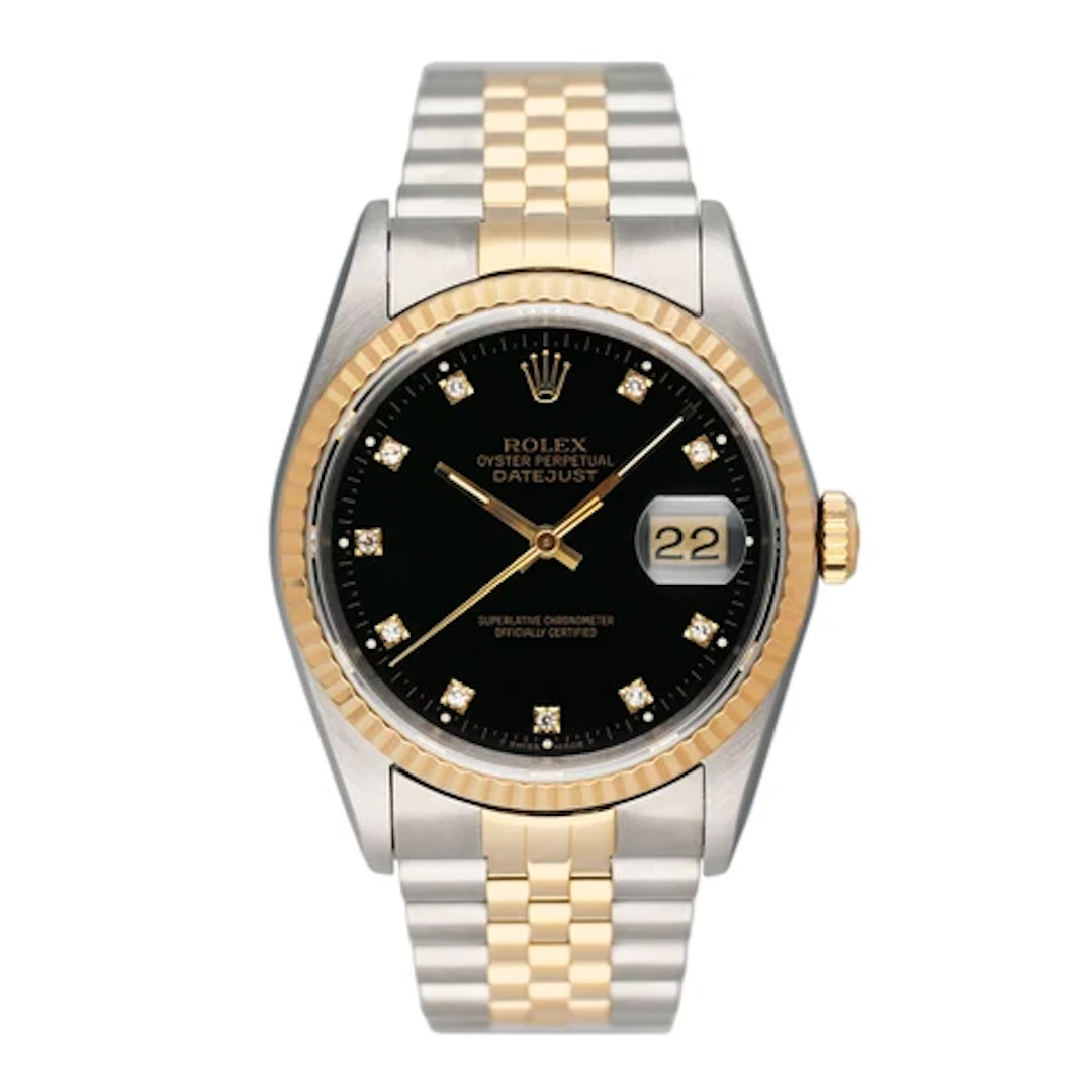Rolex Datejust 16233 Diamond Black Dial Two Tone Mens Watch Box Papers