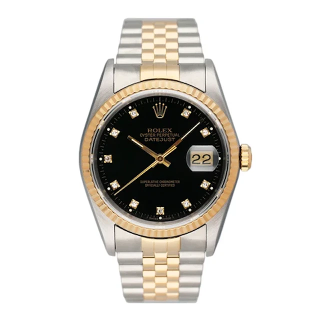 Rolex Datejust 16233 Diamond Black Dial Two Tone Mens Watch Box Papers
