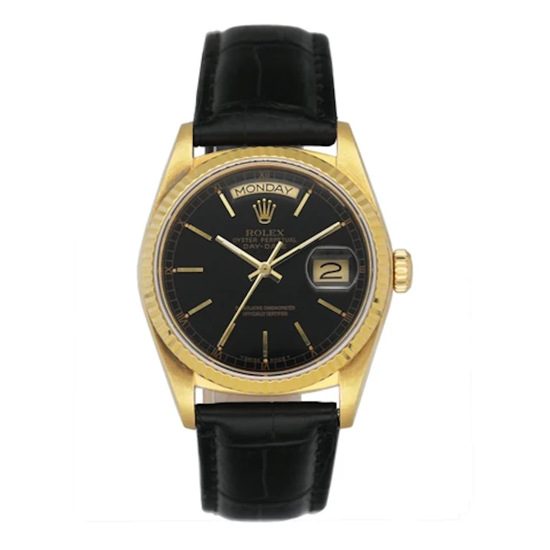 Rolex Day Date 18038 Black Dial 18K Yellow Gold Mens Watch Box Papers