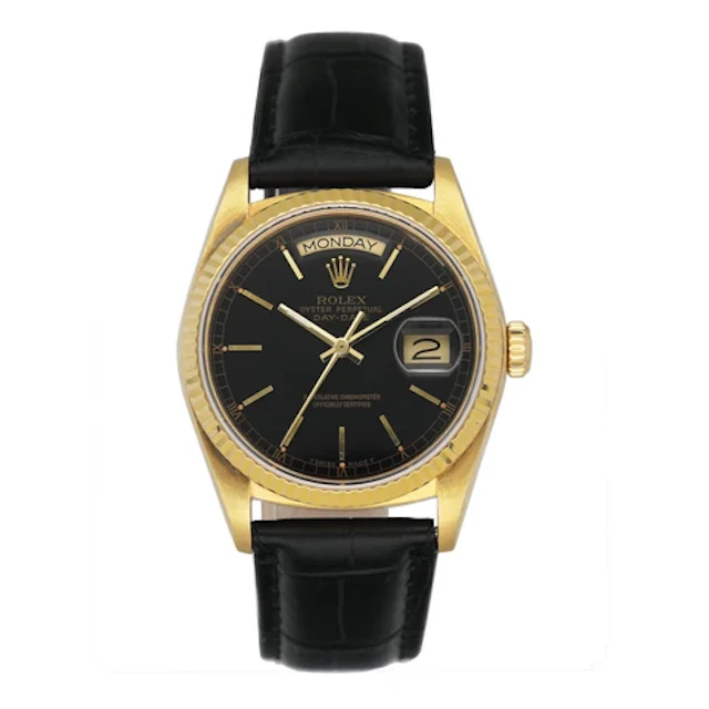 Rolex Day Date 18038 Black Dial 18K Yellow Gold Mens Watch Box Papers