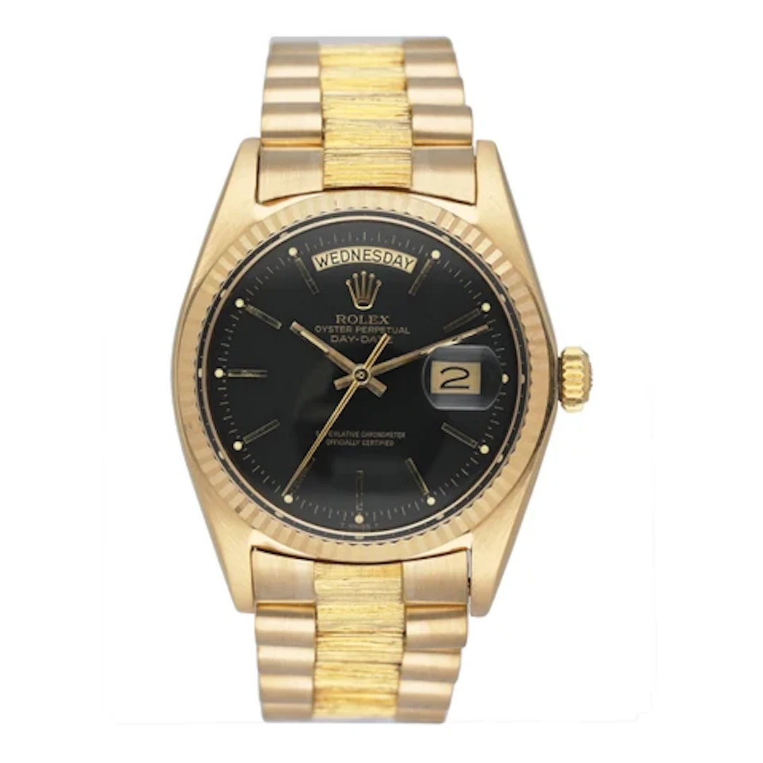 Rolex Day Date 1803 Black Dial Bark Finish 18K Yellow Gold Mens Watch