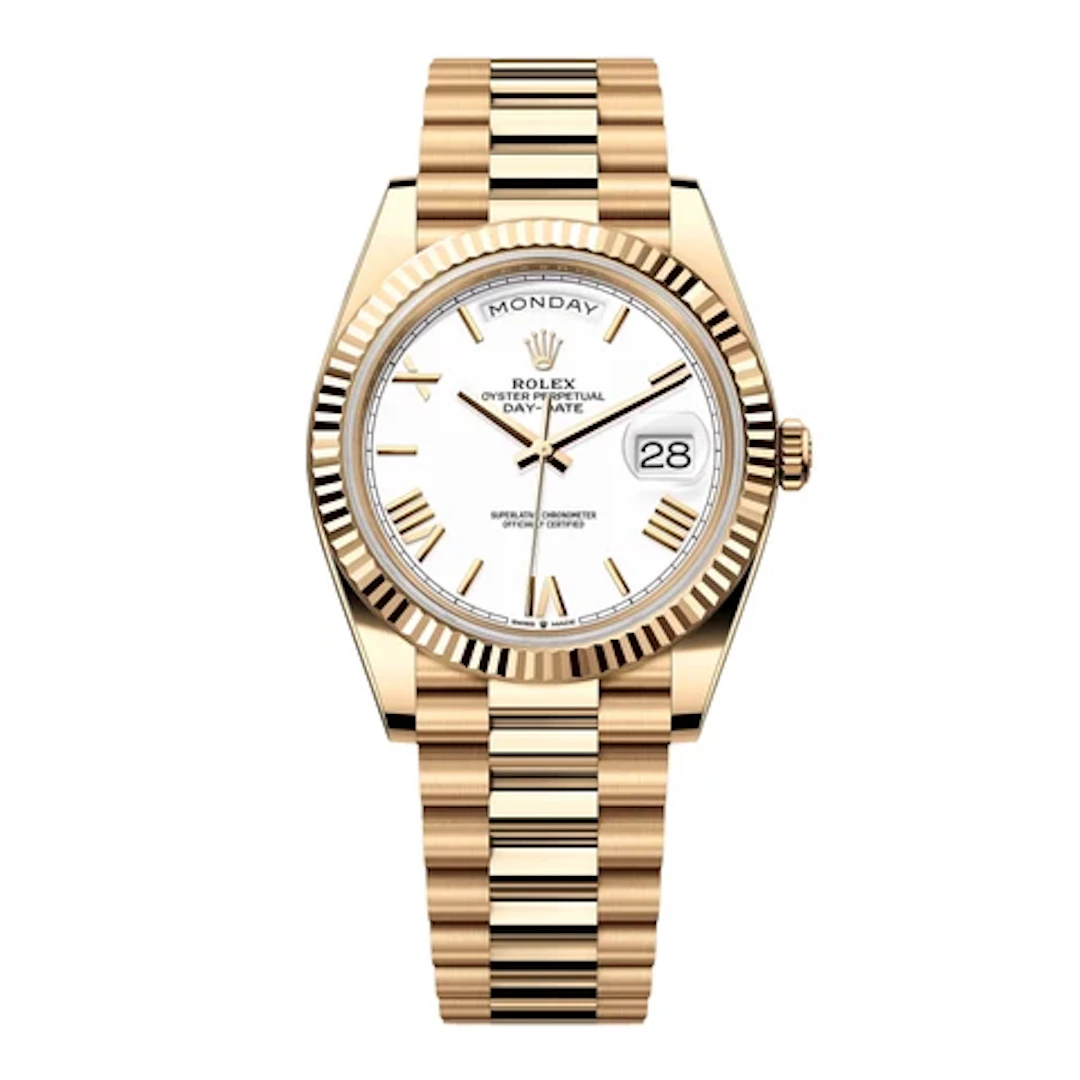 Rolex Day-Date 228238 White Dial 18K Yellow Gold Mens Watch Box Papers