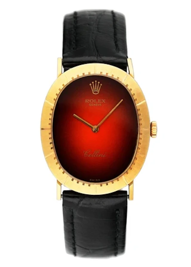 Rolex Cellini 4056 Red Vignette Dial 18K Yellow Gold Mens Watch