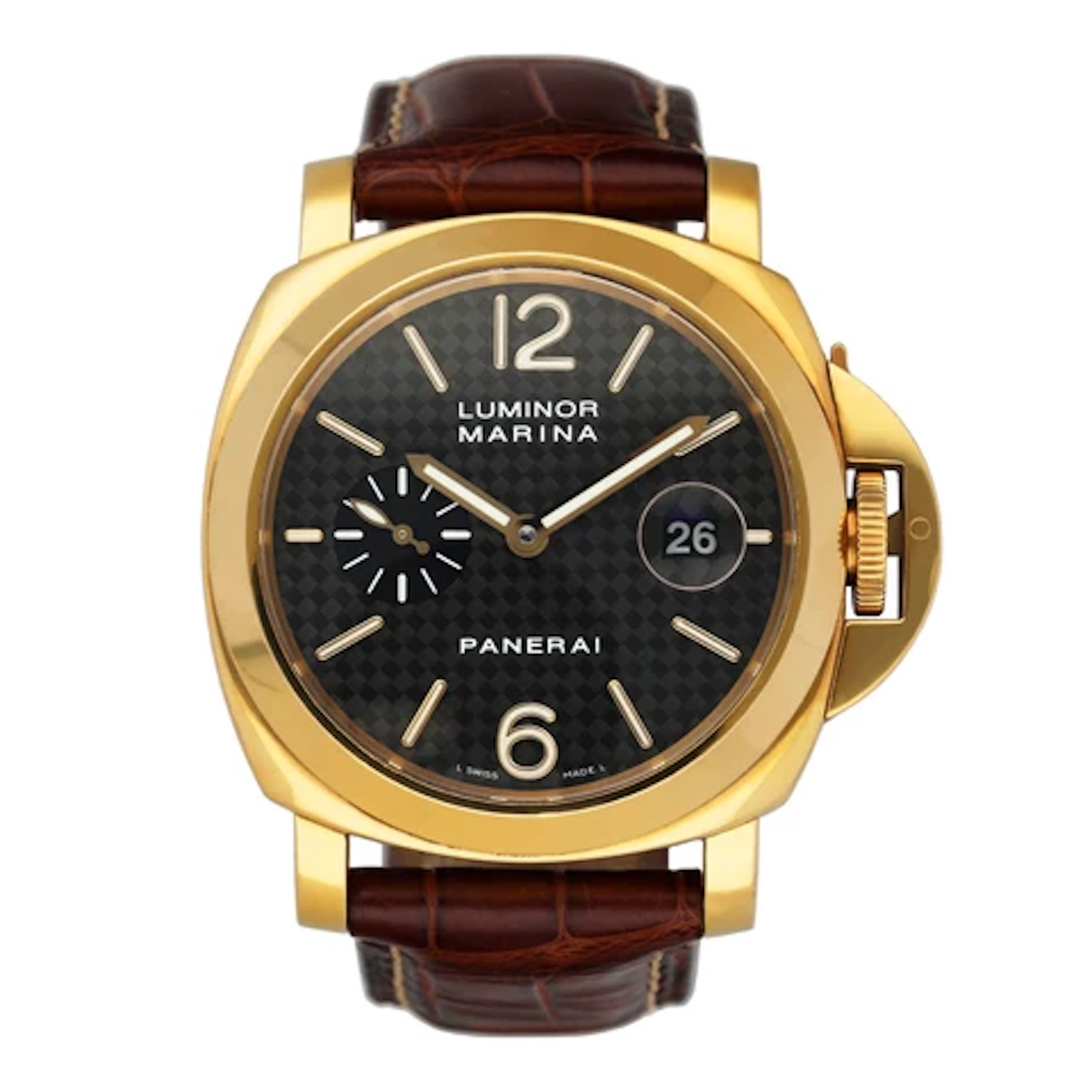 Panerai Luminor Marina PAM00140 Black Carbon Dial 18K Yellow Gold Mens Watch